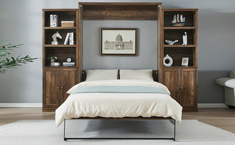 Queen Size Half Self Close And Open Murphy Bed With 2 Side Cabinet Storage Shelf, Cabinet Space Saving Bed Perfect For Guest Room, Bed Room, Guest Room, Home Office, Brown Box Spring Not Required Queen Brown Wood Brown Pine Murphy Solid Wood Mdf