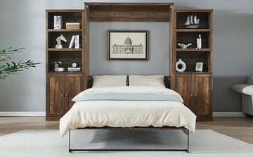 Queen Size Half Self Close And Open Murphy Bed With 2 Side Cabinet Storage Shelf, Cabinet Space Saving Bed Perfect For Guest Room, Bed Room, Guest Room, Home Office, Brown Box Spring Not Required Queen Brown Wood Brown Pine Murphy Solid Wood Mdf