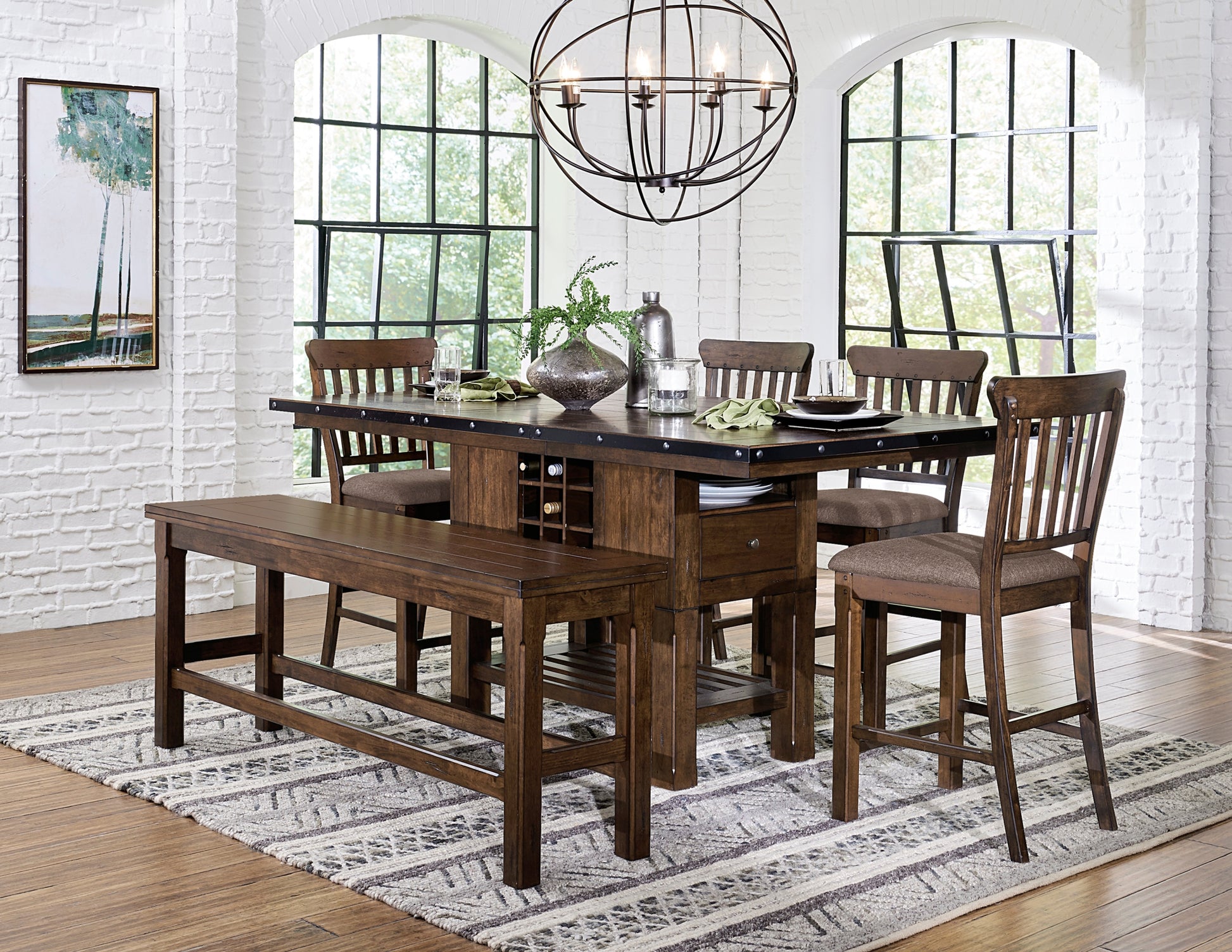 Dark Brown Finish 6Pc Dining Set Storage Base Counter Height Table Bench 4 Counter Height Chairs Set Extension Leaf Drawers Wine Rack Table Base Wooden Furniture Wood Wood Dark Brown Seats 4 Wood Dining Room Extendable Transitional Rectangular Dining