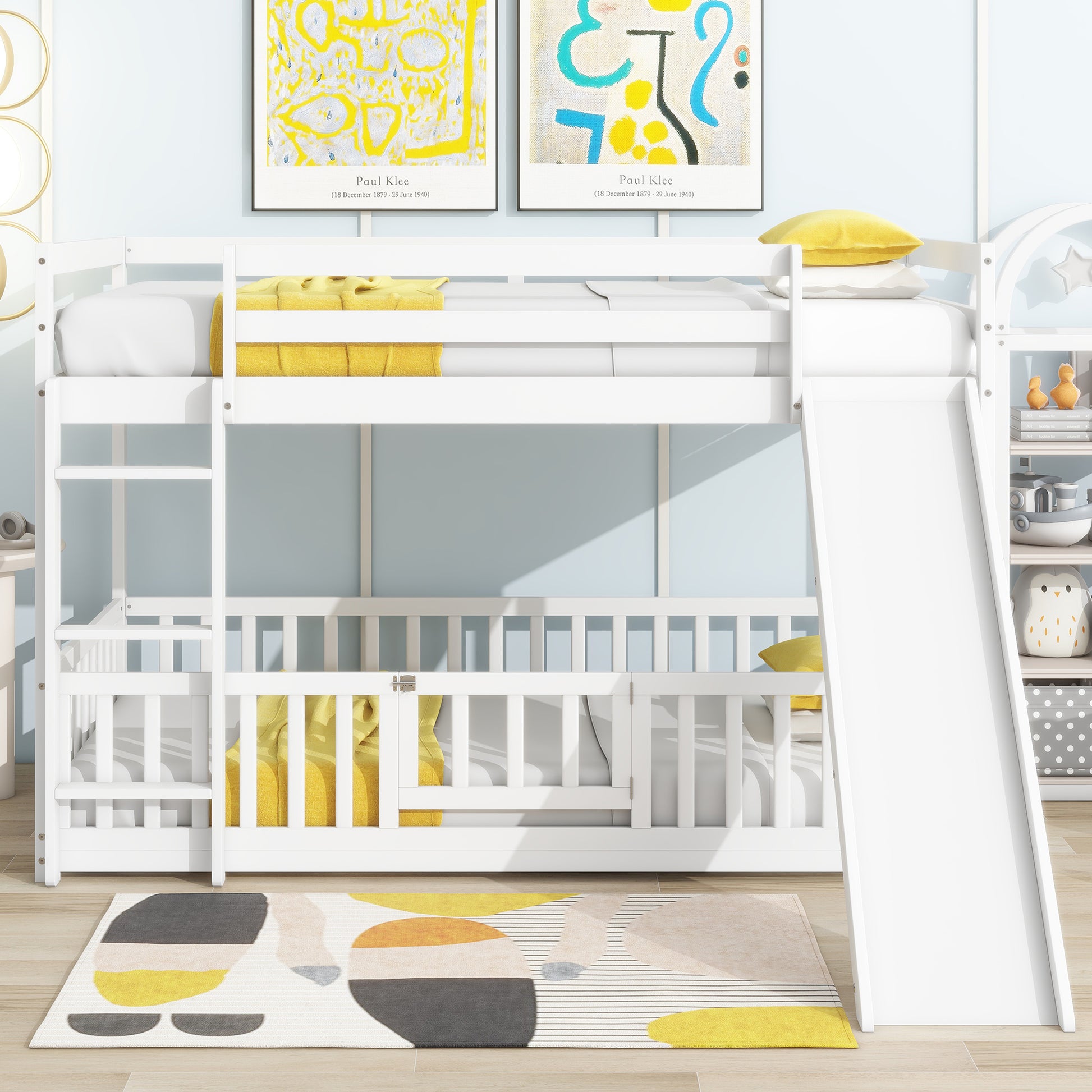 Twin Over Twin Floor Bunk Bed With Slide, Ladder, Door, Safety Guardrails, Solid Pine Wood Bunk Bed ,White Twin White Pine