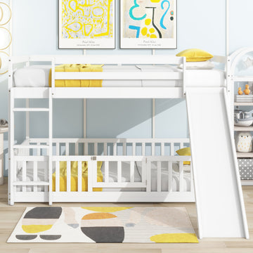 Twin Over Twin Floor Bunk Bed With Slide, Ladder, Door, Safety Guardrails, Solid Pine Wood Bunk Bed ,White Twin White Pine