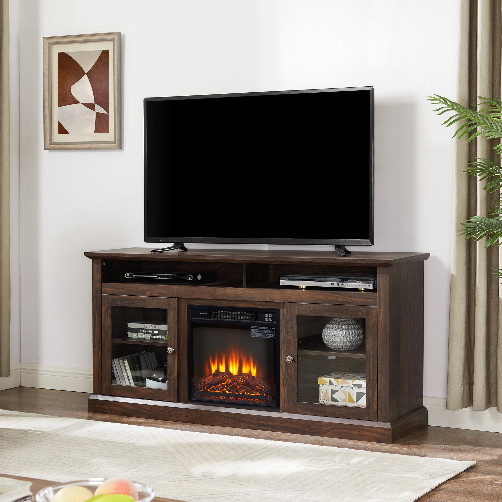 Modern Tv Stand Tv Media Stand Modern Entertainment Console With 18" Fireplace Insert For Tv Up To 65" With Open And Closed Storage Space, Brown, 60"W*15.75"D*29"H Brown 60 69 Inches Mdf