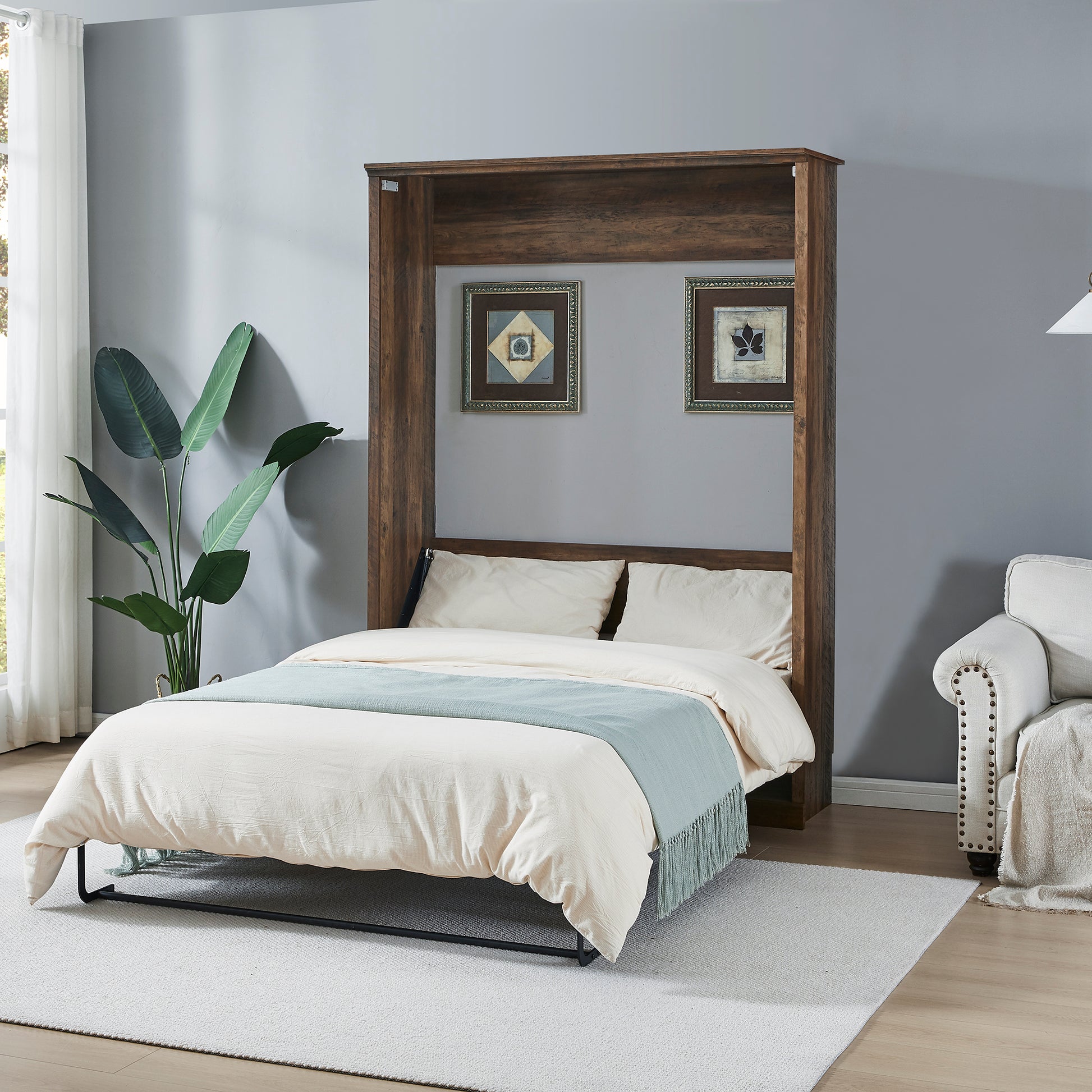 Full Size Half Self Close And Open Murphy Bed Cabinet Space Saving Bed Perfect For Guest Room, For Bed Room, Guest Room, Home Office, Brown Box Spring Not Required Full Brown Wood White Pine Murphy Pine