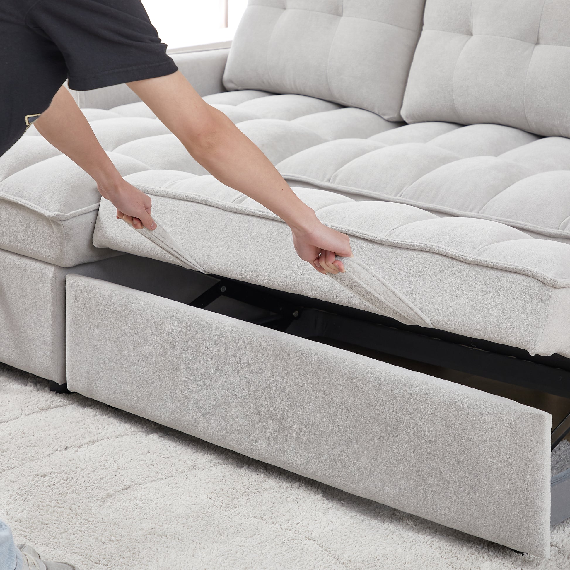 Mh 78.75" Reclining Sofa, Pull Out Sofa Bed With Usb And Tape C Charging Ports, L Shaped Sectional Sofa With Reclining Storage And Arm Side Organizer Pocket Features, Living Room Comfort Sofa Light Grey Chenille Wood Primary Living Space Eucalyptus Foam