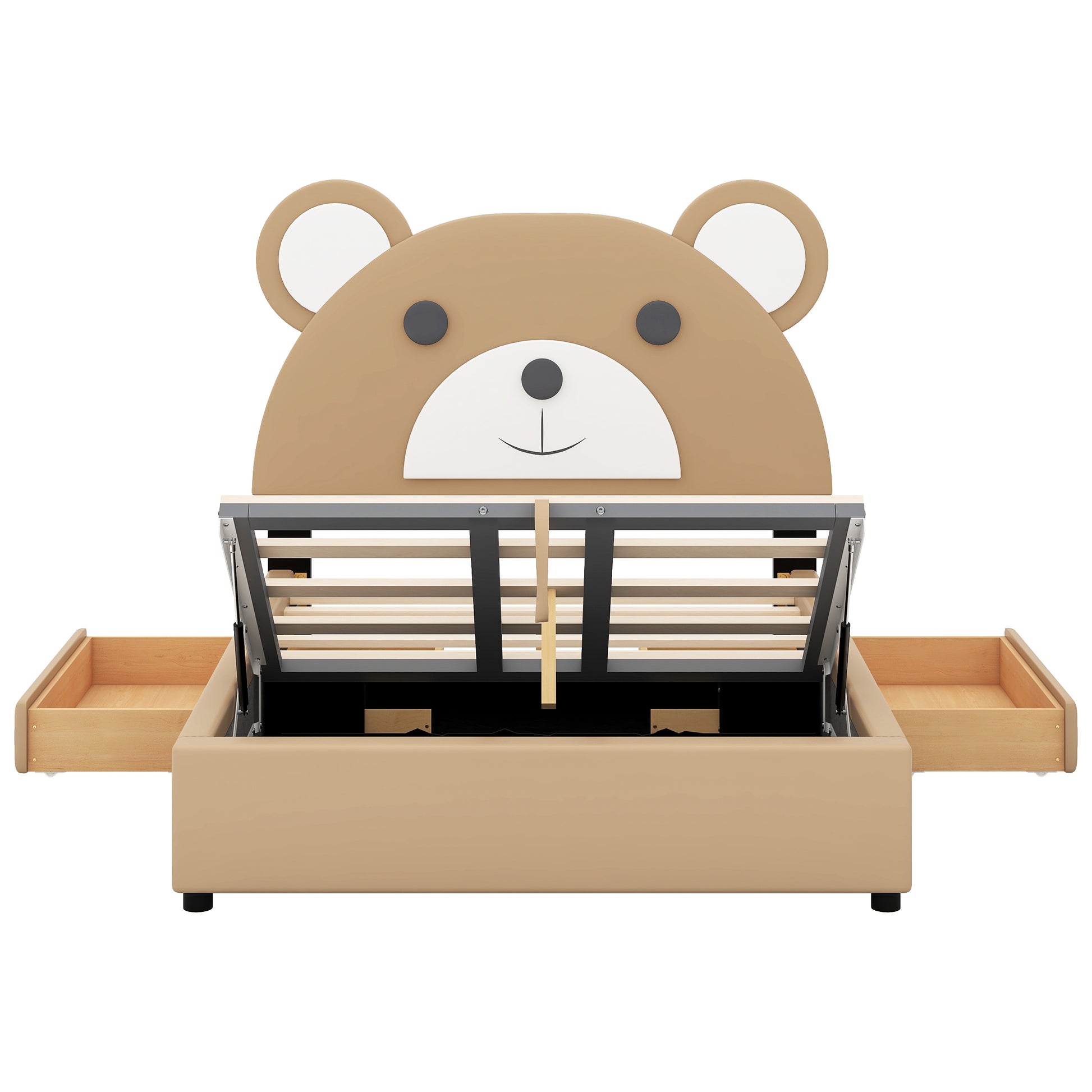 Full Size Upholstery Platform Bed Frame With Cute Bear Shaped Headboard And Two Storage Drawers,Brown Full Brown Solid Wood Mdf