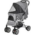 Pawhut Travel Pet Stroller For Dogs, Cats, One Click Fold Jogger Pushchair With Swivel Wheels, Braket, Basket Storage, Safety Belts, Adjustable Canopy, Zippered Mesh Window Door, Grey Grey Steel