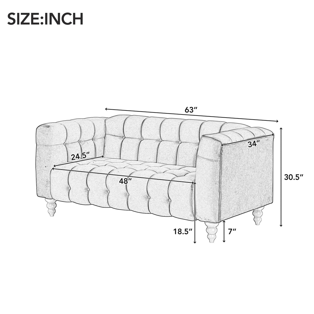 63" Modern Sofa Dutch Fluff Upholstered Sofa With Solid Wood Legs, Buttoned Tufted Backrest,Gray Gray Foam Polyester 2 Seat