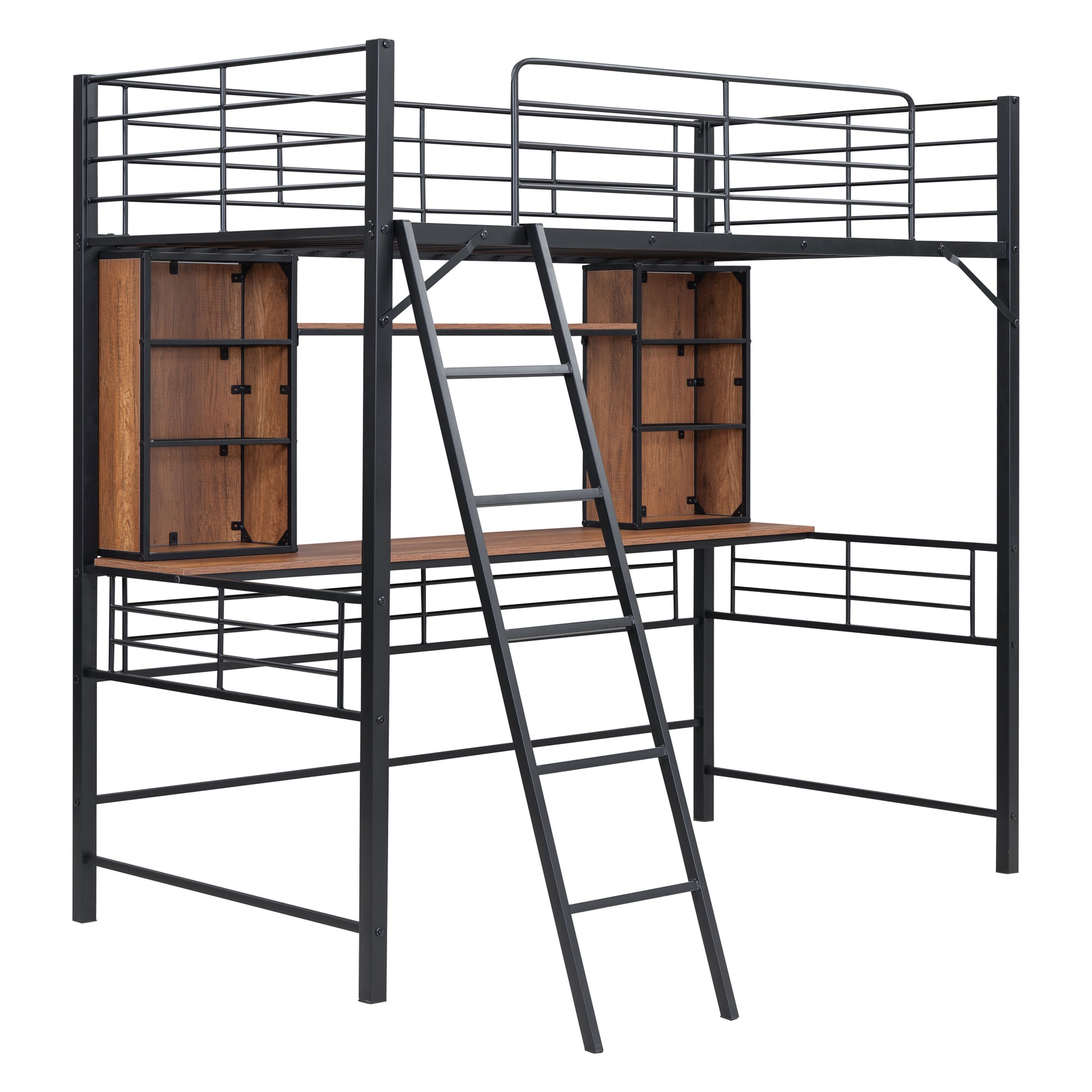 Twin Size Loft Bed With Desk And Shelfloft Bed With Ladder,Twin,Black Twin Black Metal