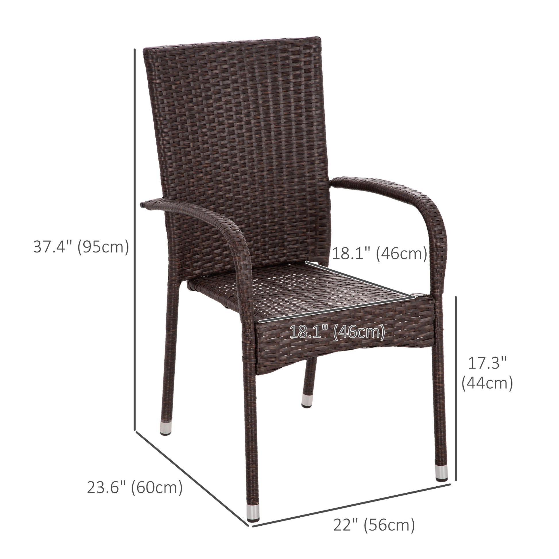 Outsunny Stackable Pe Rattan Outdoor Dining Chairs With Cushions, Set Of 2 Patio Wicker Dining Chairs With Armrests And Backrest For Patio, Deck, Cream White Blue Steel