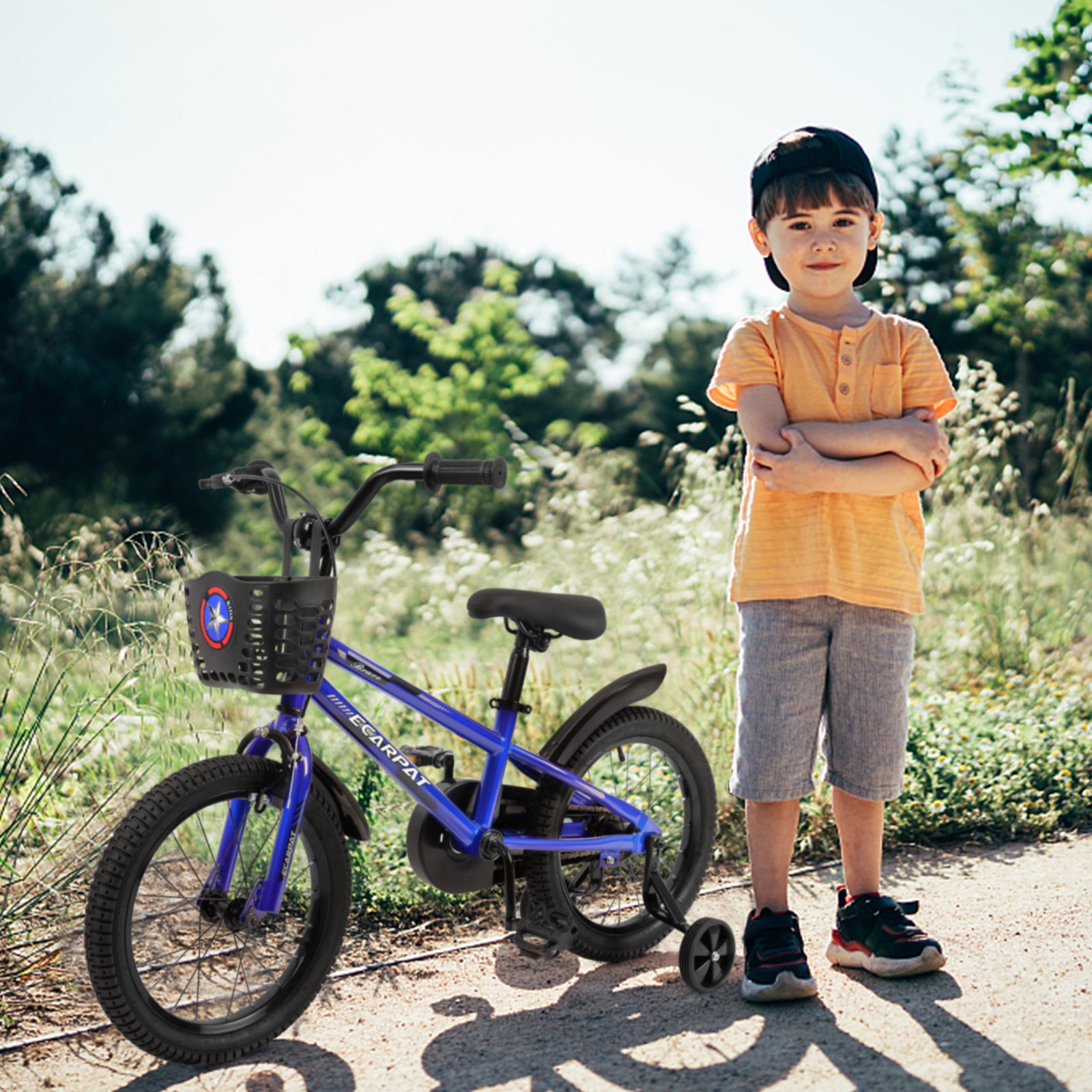 C14111A Kids Bike 14 Inch For Boys & Girls With Training Wheels, Freestyle Kids' Bicycle With Bell,Basket And Fender. Blue Steel