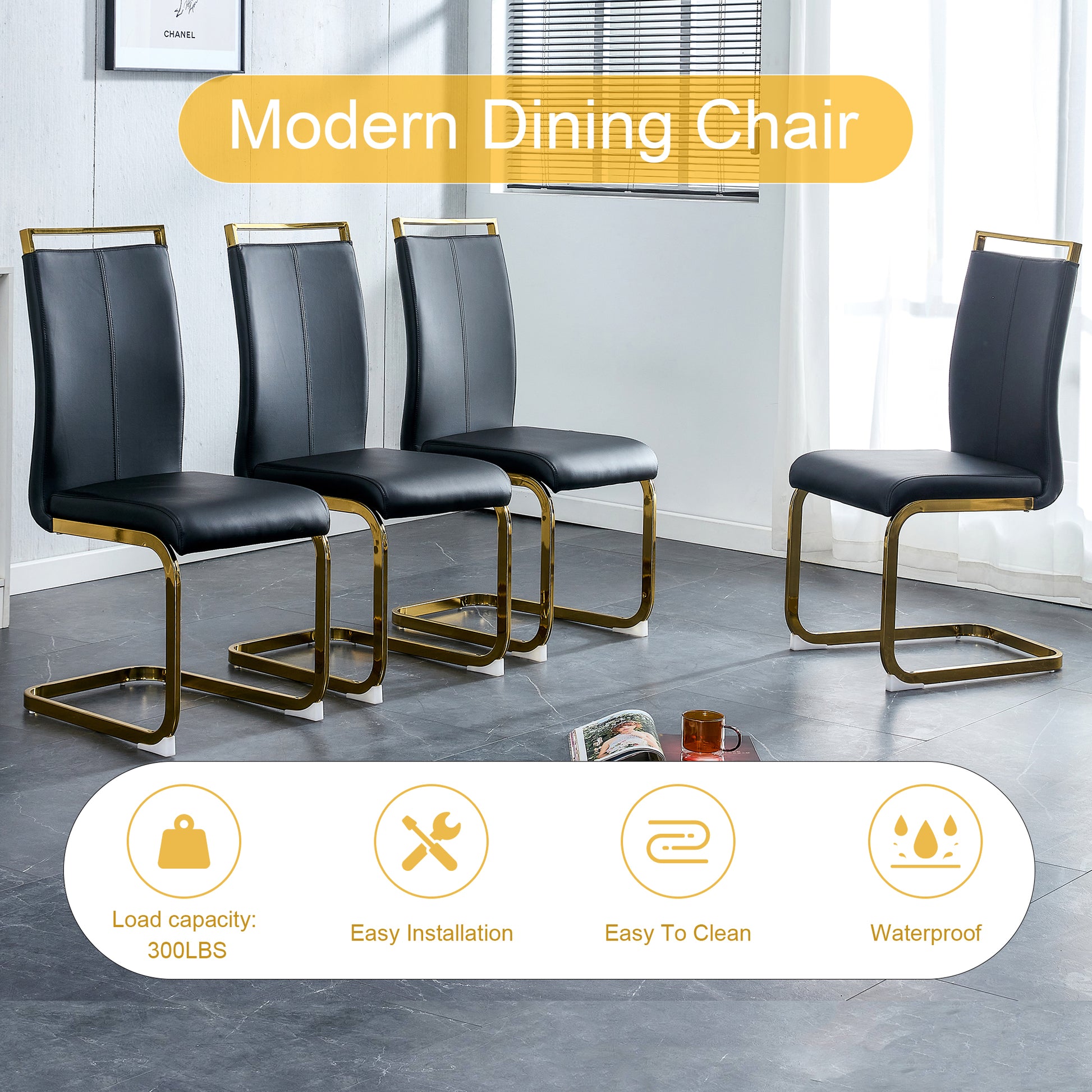 Table And Chair Set.67"X36" White Marble Pattern Mdf Dining Table Set With 8 Black Pu Chairs.Mdf Sticker,White Marble Pattern Sticker,Gold C Tube Chair Legs,Suitable For Kitchen,Dining Room,Etc.