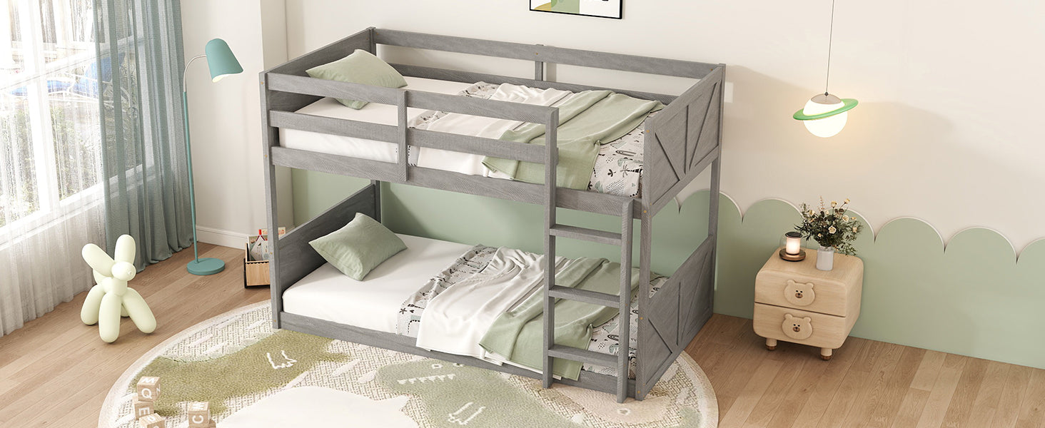 Twin Over Twin Floor Bunk Bed With Panelled Headboard And Footboard, Solid Rubber Wood Foundation With Safety Guardrails, Built In Ladder,Antique White Twin Antique White Rubber Wood