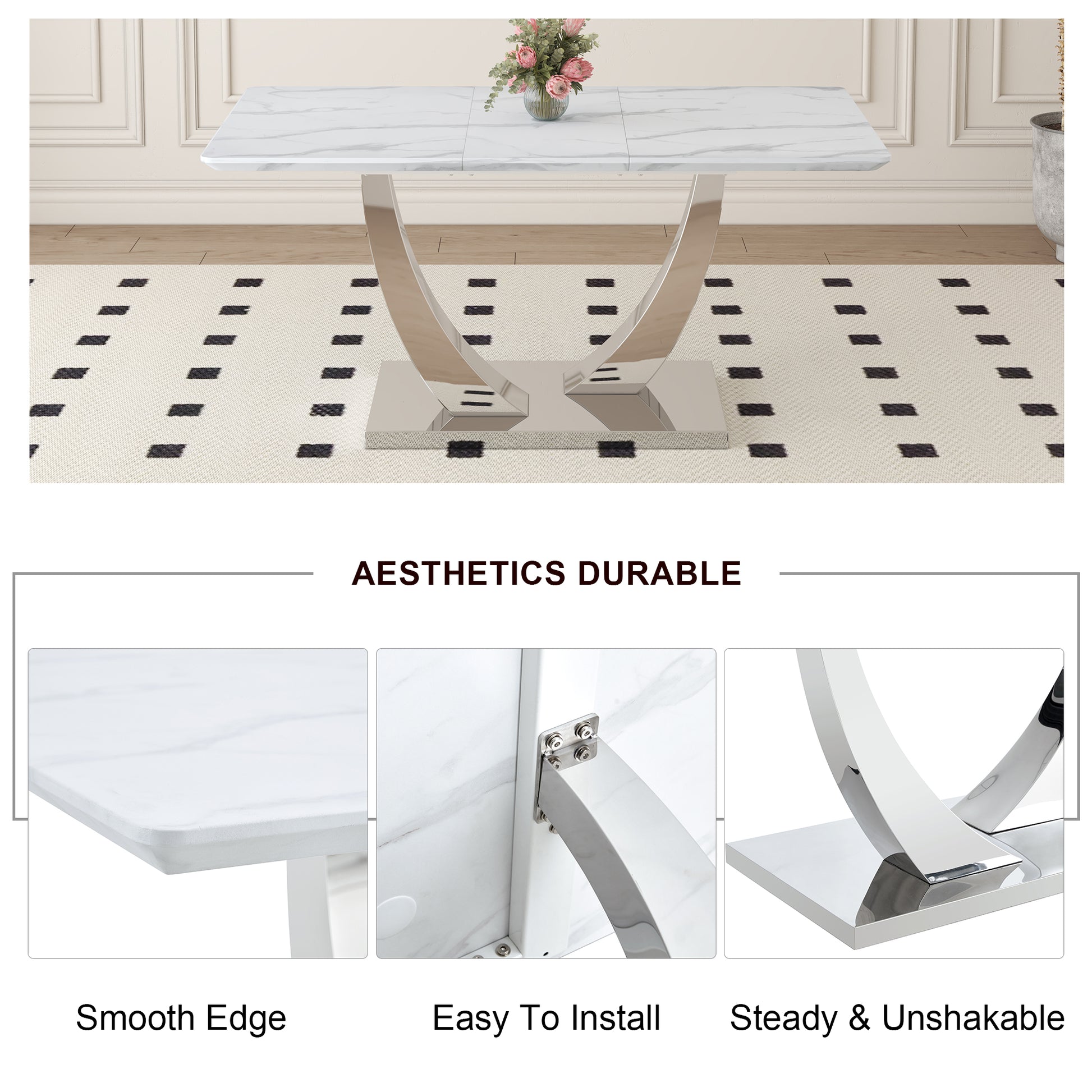 Table And Chair Set. Large Modern Rectangular Table With White Textured Top And Silver Metal Legs. Soft And Comfortable Pu Seats, Faux Leather Upholstered Seats And Sturdy Metal Legs. White Black Mdf Metal