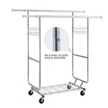 Double Clothing Garment Rack With Shelves Capacity 800Lbs Clothing Racks On Wheels Rolling Clothes Rack For Hanging Clothes Heavy Duty Portable Collapsible Commercial Garment Rack Silver Iron