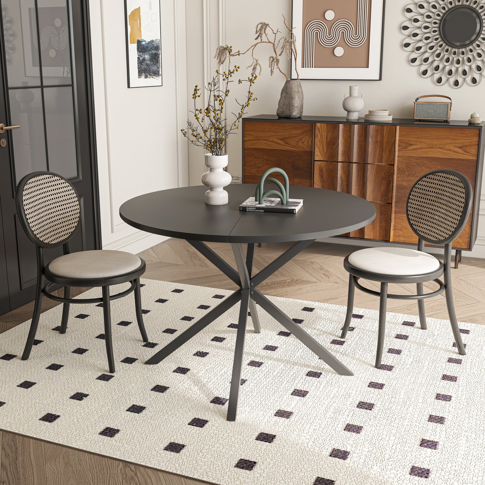 42.13'' Modern Cross Leg Round Dining Table, Black Top Occasional Table, Two Piece Removable Top, Matte Finish Iron Legs Black Mdf Metal