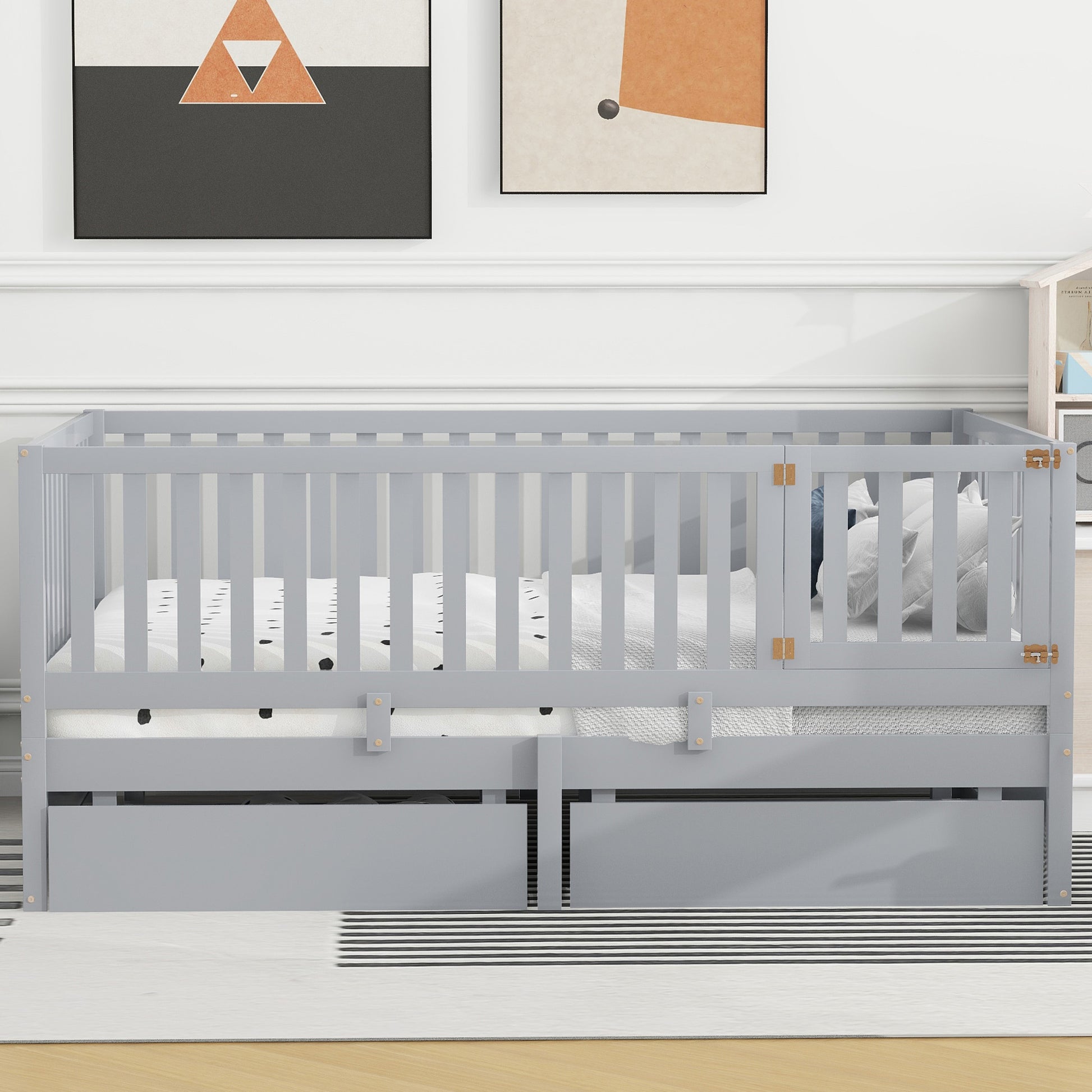 Full Size Wood Daybed With Fence Guardrails And 2 Drawers, Split Into Independent Floor Bed & Daybed, Gray Old Sku :Lp000882Aae Full Gray Solid Wood Mdf