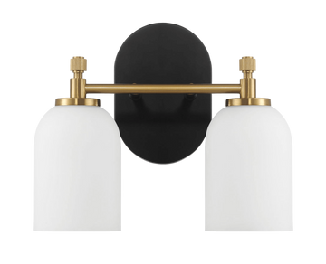 Vortex Two Lights Vanity In Traditional Style For Over Bathroom Mirror Wall Sconce 12.25"W 10.125"H 5.5"E With White Frosted Glass Black,Gold,White Glass,Metal