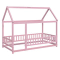 Twin Size Floor Wooden Bed With House Roof Frame, Fence Guardrails,Pink Twin Pink Pine