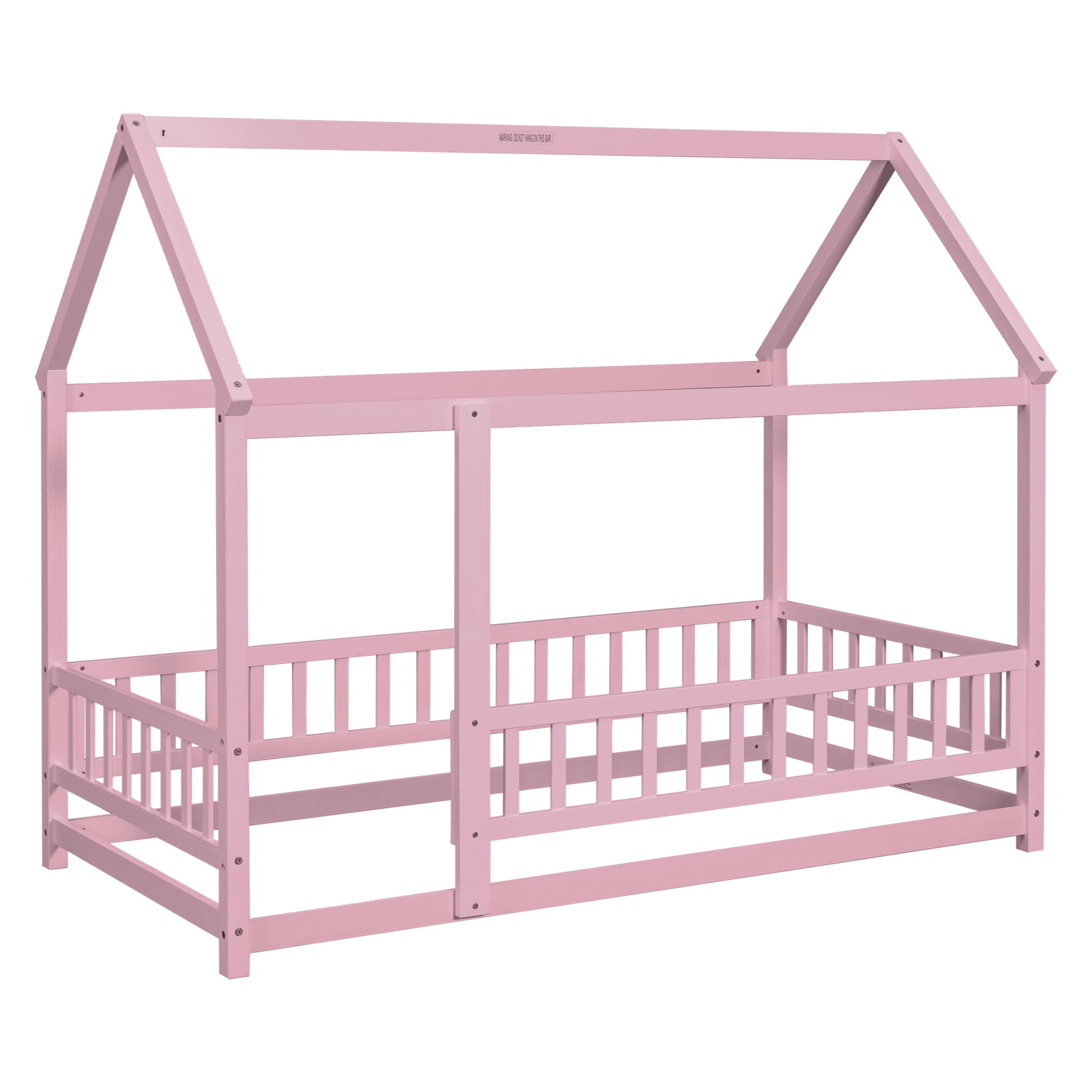 Twin Size Floor Wooden Bed With House Roof Frame, Fence Guardrails,Pink Twin Pink Pine