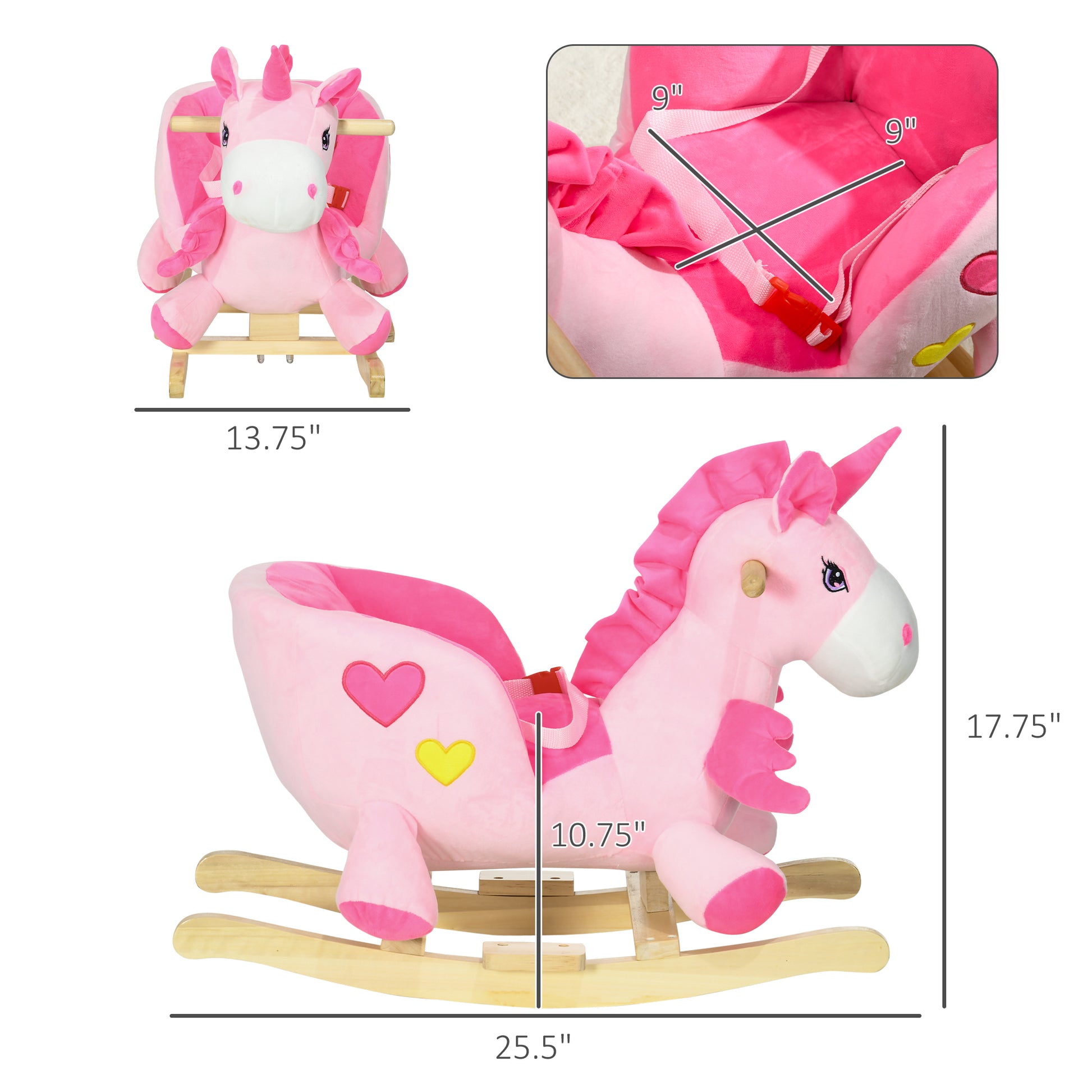 Qaba Baby Rocking Horse, Ride On Unicorn With 32 Songs, Toddler Rocker Toy With Wooden Base Seat Safety Belt For 1.5 3 Year Old, Pink Pink Plush