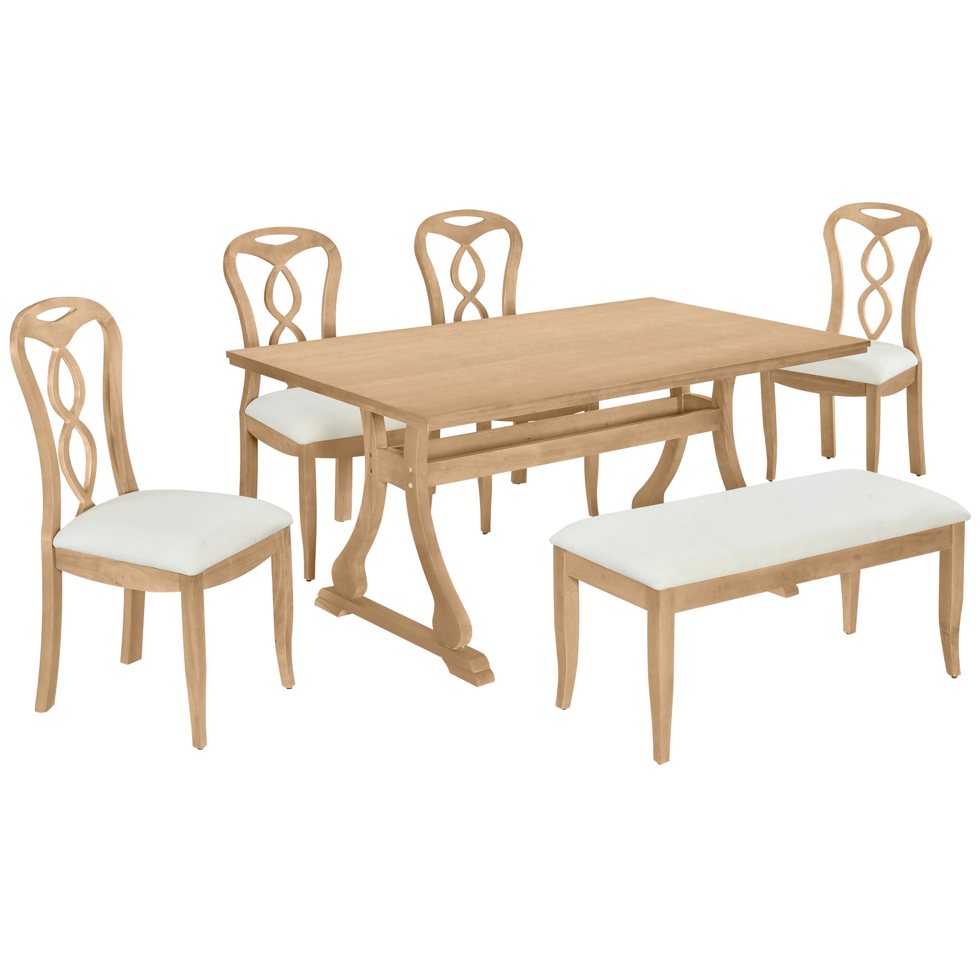 Retro 6 Piece Trestle Dining Table Set With Upholstered Dining Chairs And Dining Bench, Smooth Dining Backs For Dining Room, Living Room, Kitchen, Natural Upholstered Chair Wood Natural Beige Seats 6 Wood Dining Room Solid Wood Rubberwood Trestle