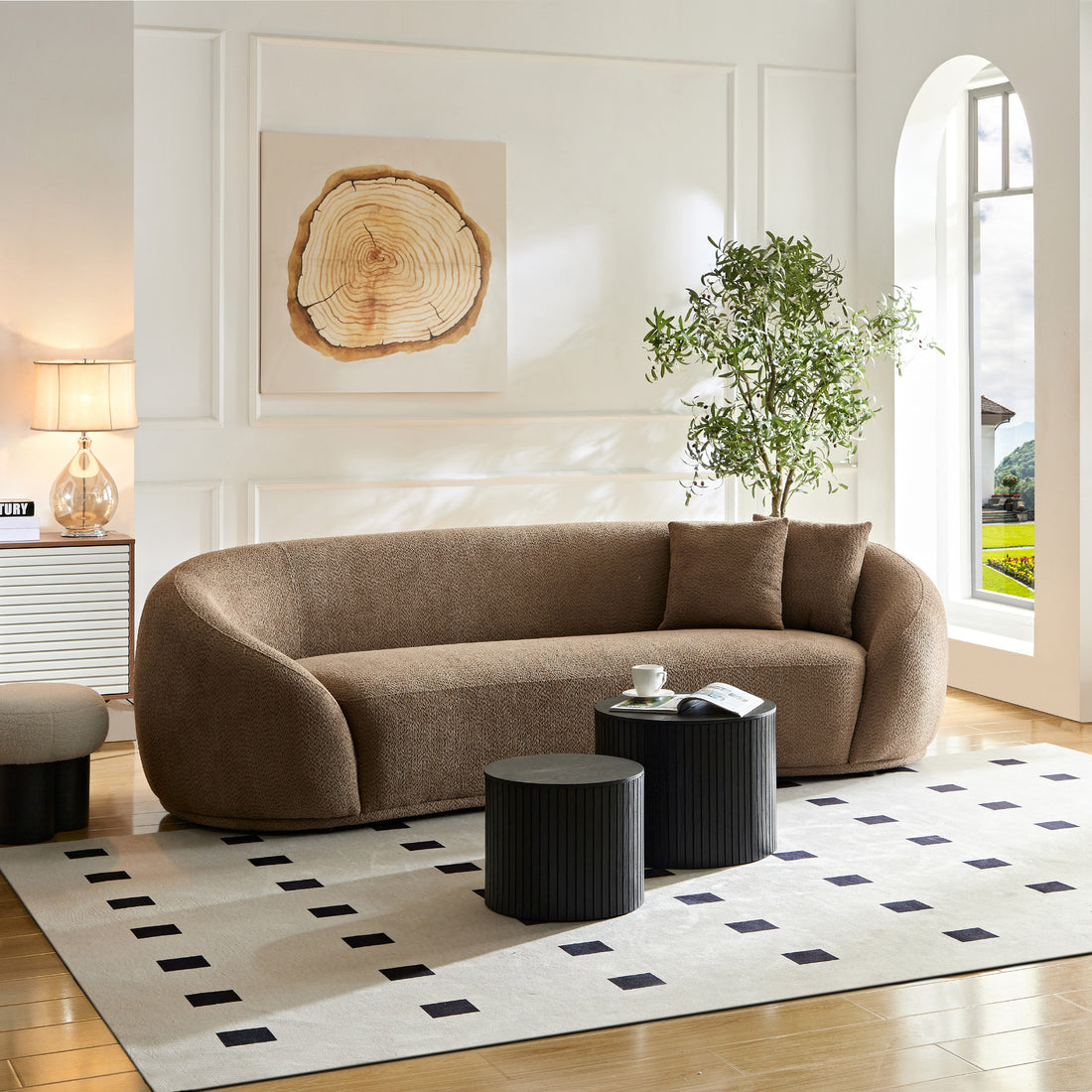 Wks1C Three Person Sofa Modern Combination Half Moon Casual Teddy Bear Wool Sofa Curved Sofa, Camel Color Camel Fabric 3 Seat