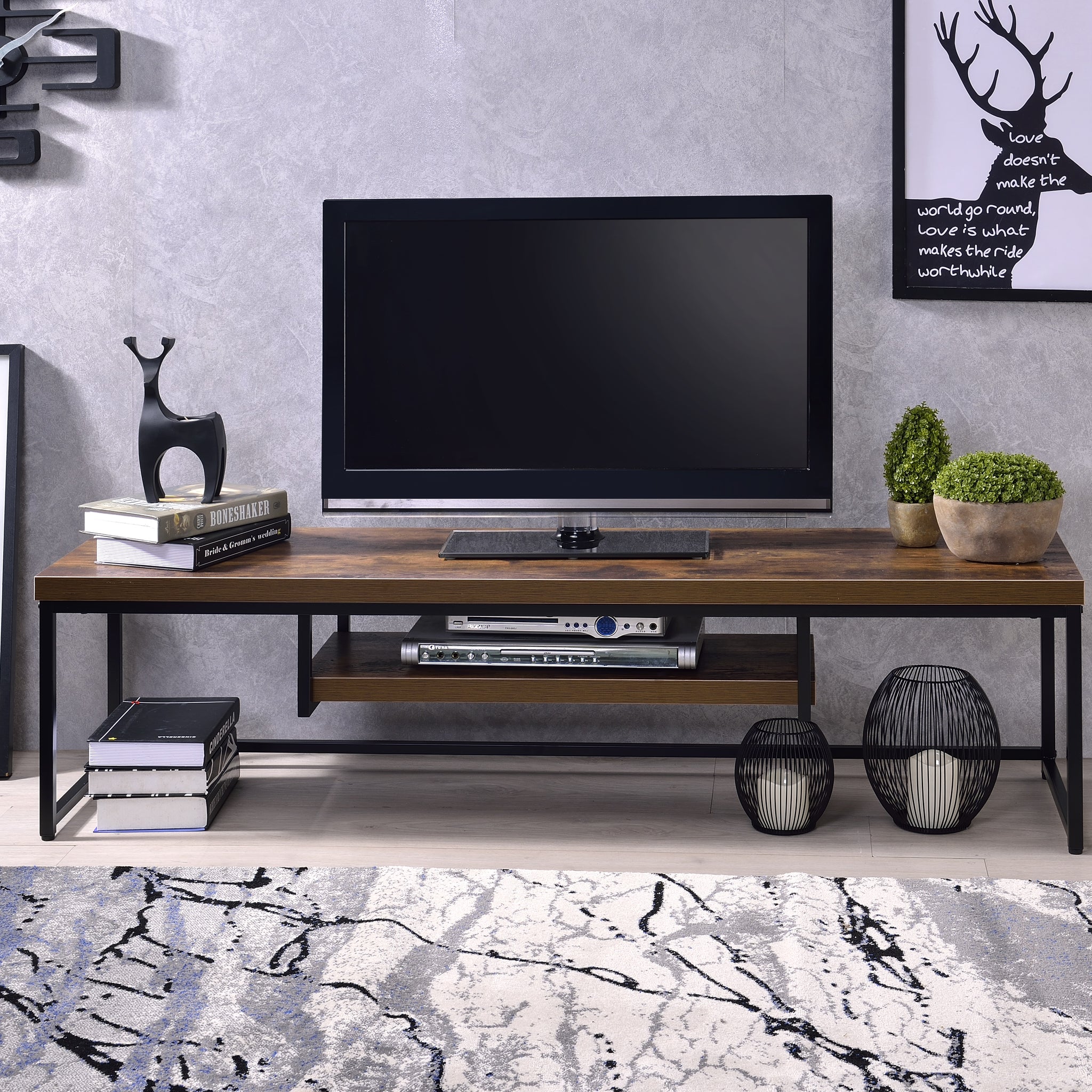 Bob Weathered Oak & Black Metal Finish Tv Stand Oak 50 59 Inches Synthetic Wood