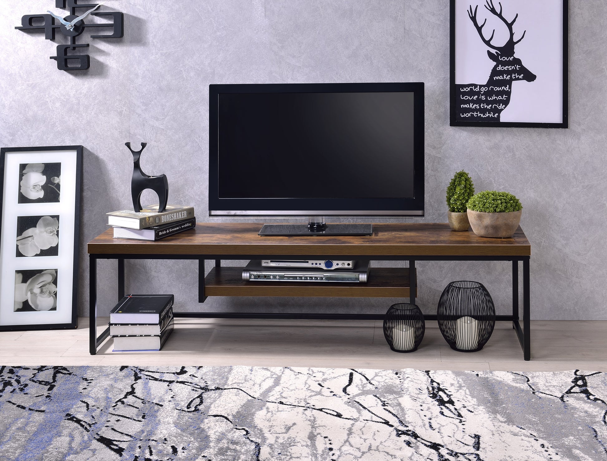 Bob Weathered Oak & Black Metal Finish Tv Stand Oak 50 59 Inches Synthetic Wood