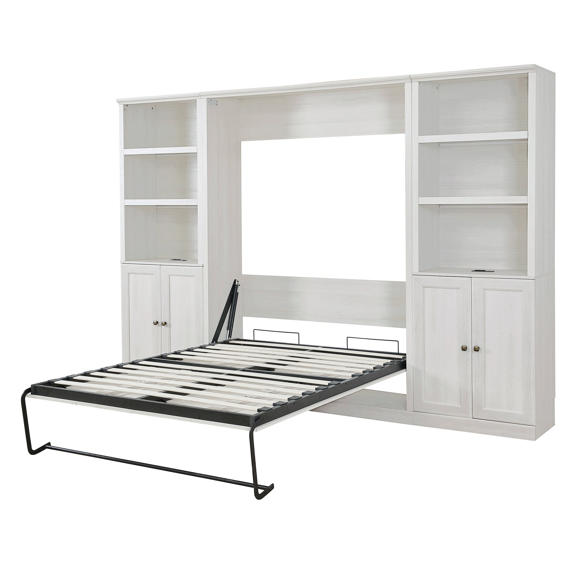 Full Size Half Self Close And Open Murphy Bed With 2 Side Cabinet Storage Shelf, Cabinet Space Saving Bed Perfect For Guest Room, Bed Room, Guest Room, Home Office, Rustic White Box Spring Not Required Full Rustic White Wood White Pine Murphy Solid Wood