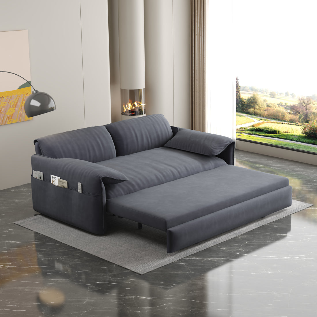 63.8" Queen Pull Out Sofa Bed, 3 In 1 Convertible Sleeper Sofa With Side Storage,Multi Functional Velvet Loveseat Bed For Living Room,Bedroom,Apartment,Office,Grey Old Sku:W1885122052 W1885P154639