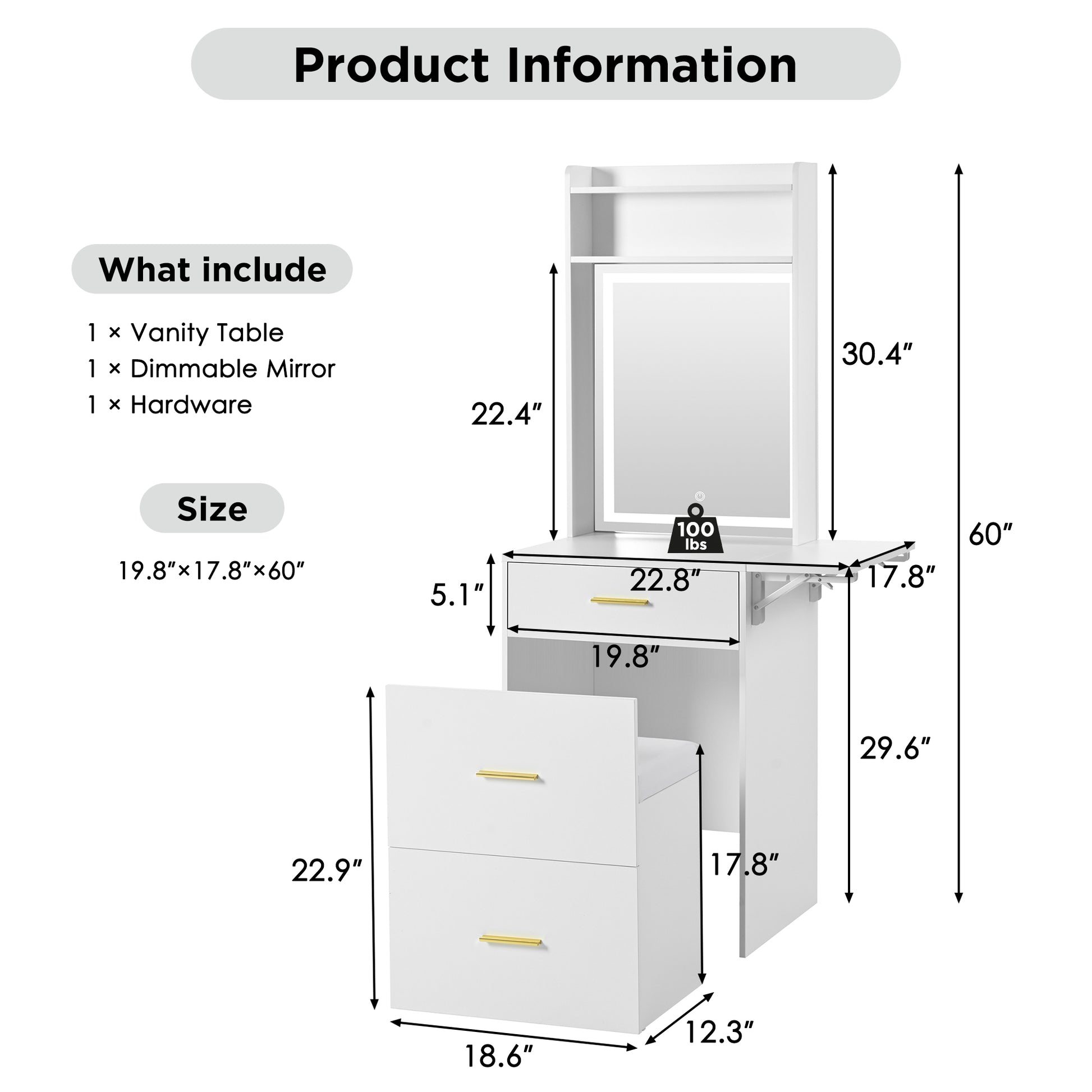 Small Vanity Desk With Mirror And Light, Dressing Table With Charging Station & Fold Up Panel For Small Space, Compact Makeup Vanity Set With Hidden Stool For Bedroom, White White Mdf,Tempered Glass
