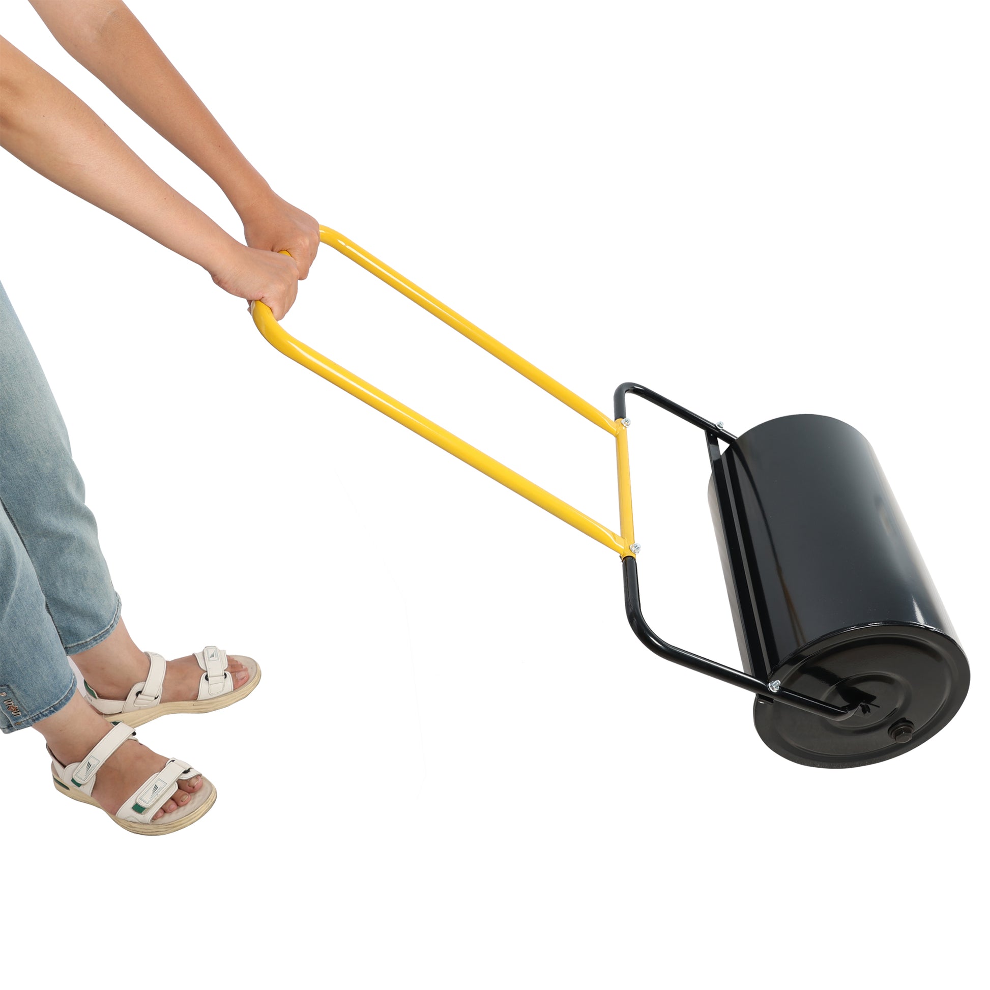 40 Litre High Capacity Lawn Roller, Can Fill Sand Water, U Shaped Ergonomic Handle, Easy To Push And Pull, Suitable For Gardens, Farms, Parks, Black Yellow Black Iron