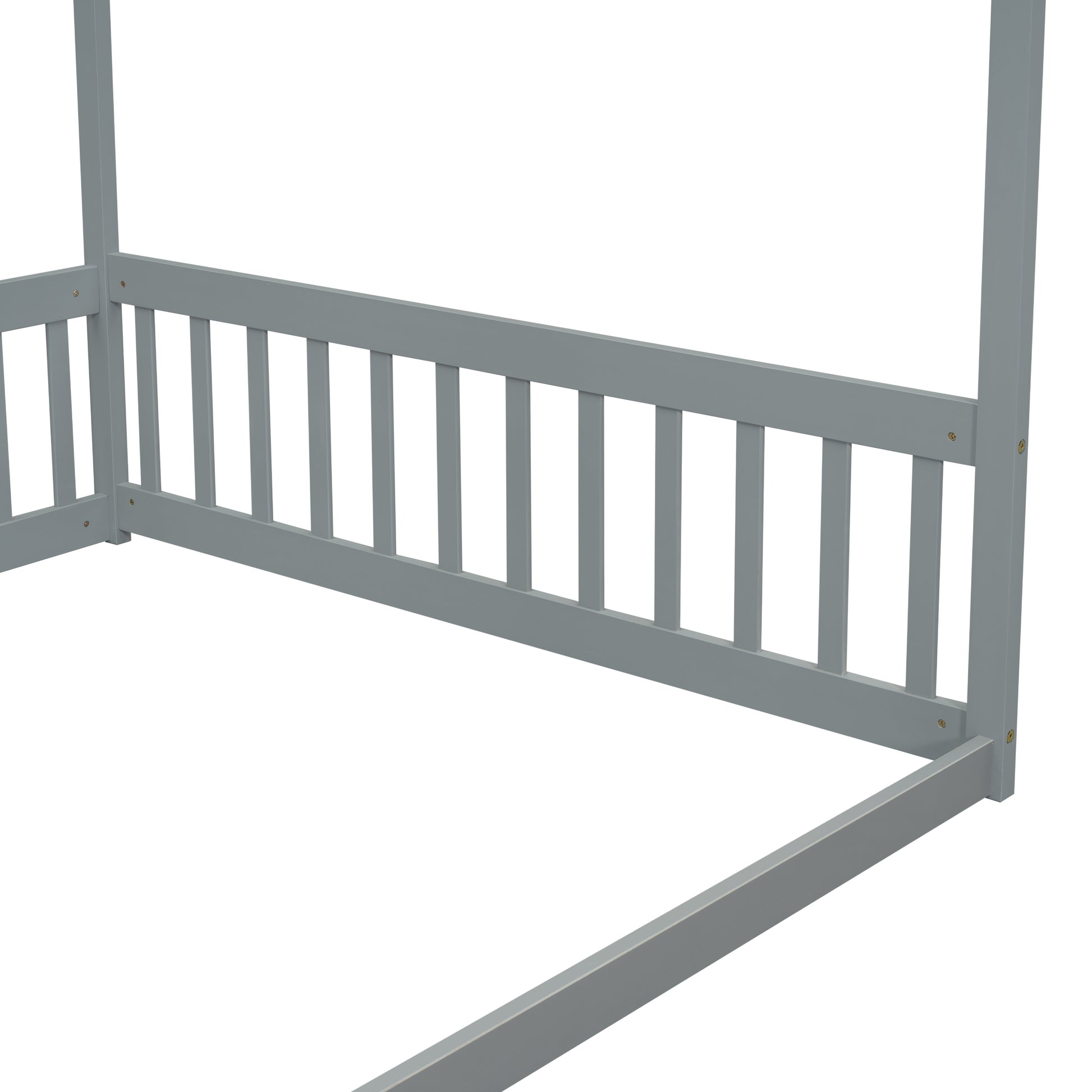 Full Size Canopy Frame Floor Bed With Fence, Guardrails,Grey Full Grey American Design Pine