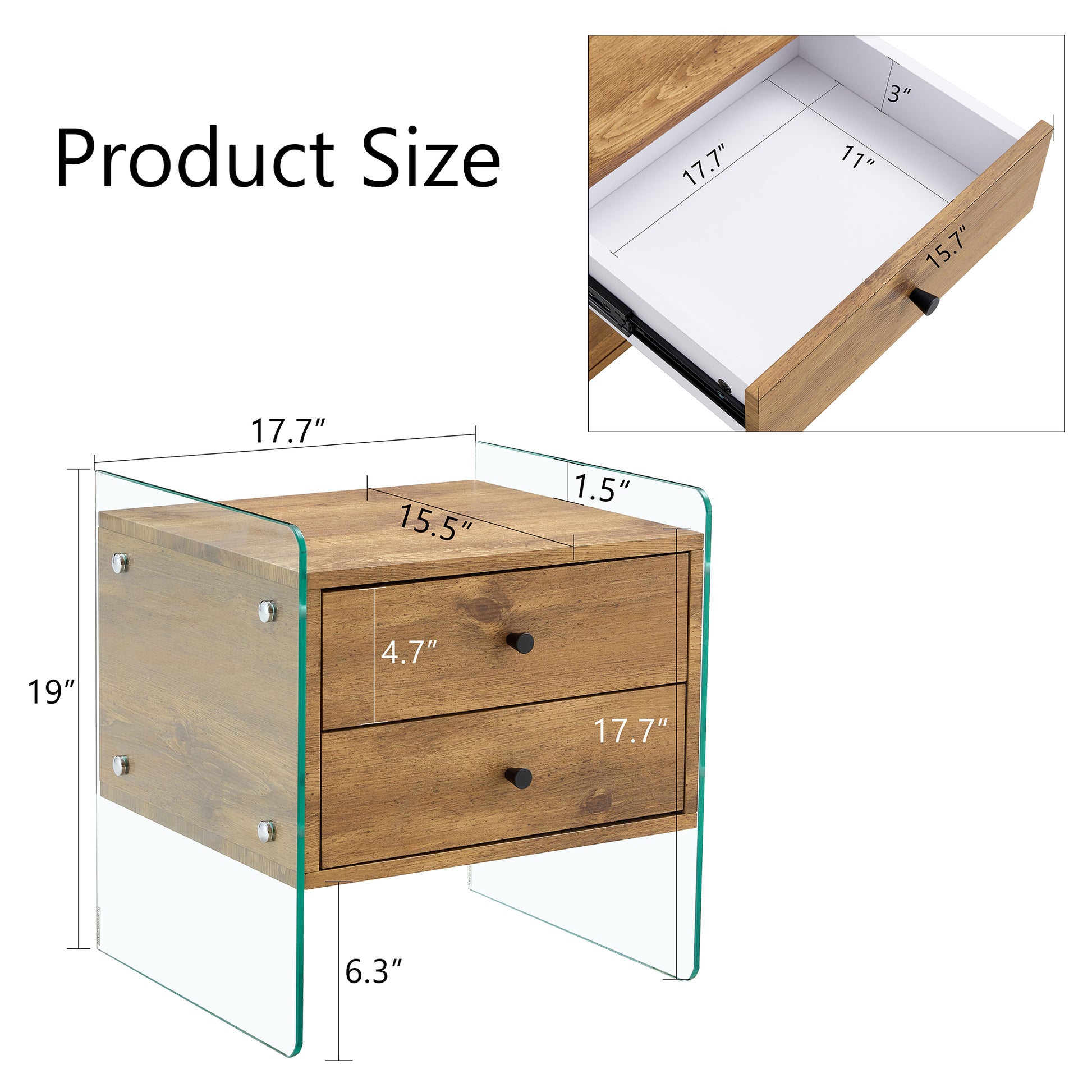 Double Drawer Bedside Table. The Board Surface Is Mdf Sticker, And Both Sides Are Transparent Tempered Glass. The Design Is Simple And Elegant, With Excellent Storage Functions. Wood 2 Drawers Mdf Glass