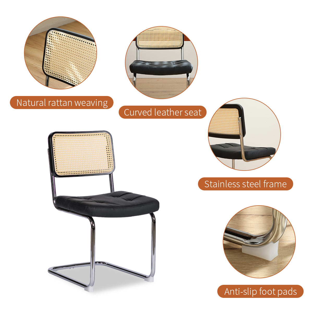 Dining Chairs Set Of 2, Fauex Leather Rattan Side Accent Chairs With Chrome Legs, Modern Mid Century Breuer Designed Chairs, Upholstered Dining Living Room Kitchen Chairs Black 2Pcs Black Faux