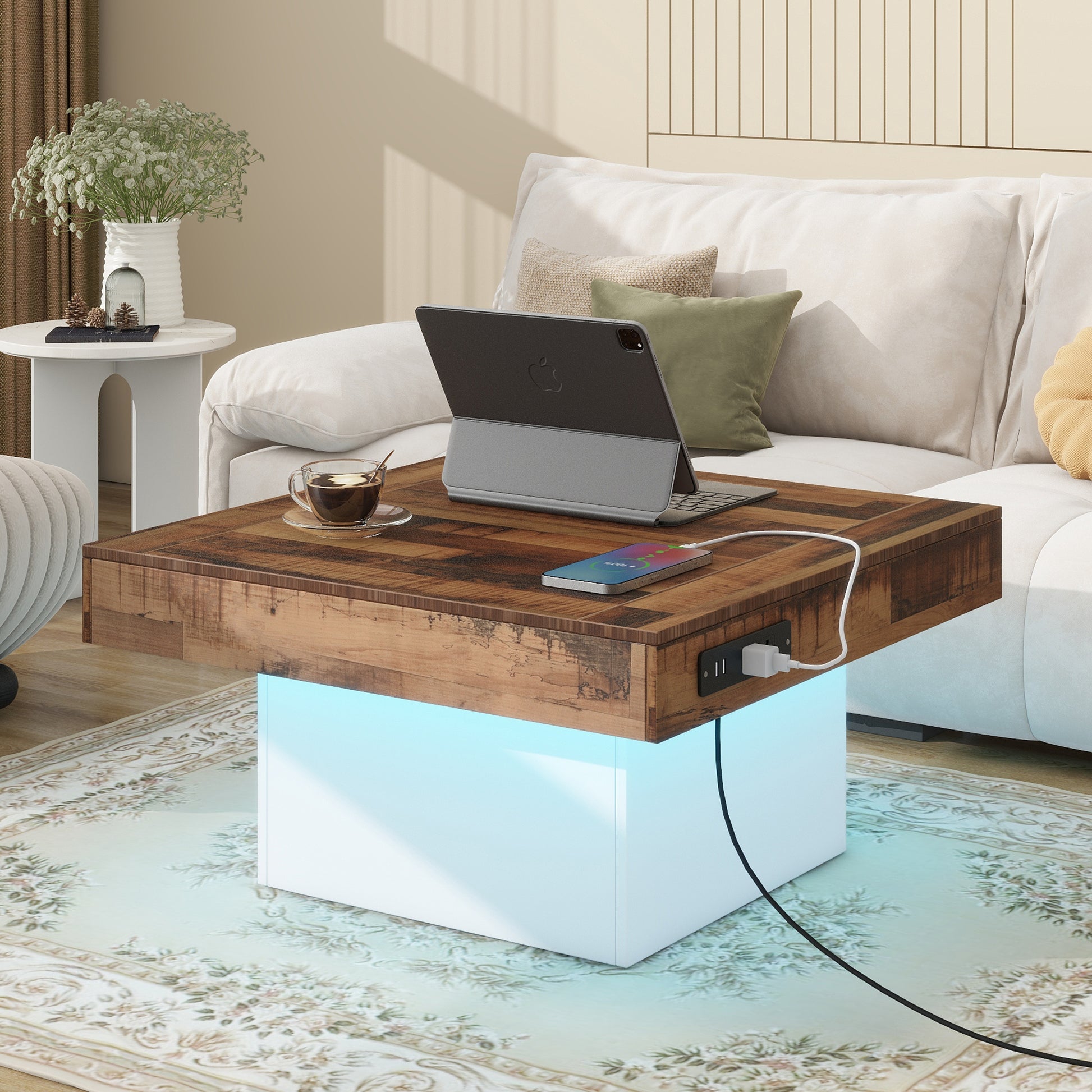 31.4'' X 31.4'' Farmhouse Coffee Table With 2 Usb Ports And Outlets, Brown Spliced Wood Grain Center Table With Led Light, Rustic Cocktail Table With Charging Station For Living Room, White White Primary Living Space Square Particle Board