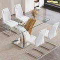 Table And Chair Set.Modern Dining Table, Tempered Glass Countertop With Artistic Mdf Legs.Paried With 4 Comfortable Chairs With Pu Seats And Metal Legs. Suitable For Various Decoration Styles. Transparent,White Seats 4 Mdf Glass