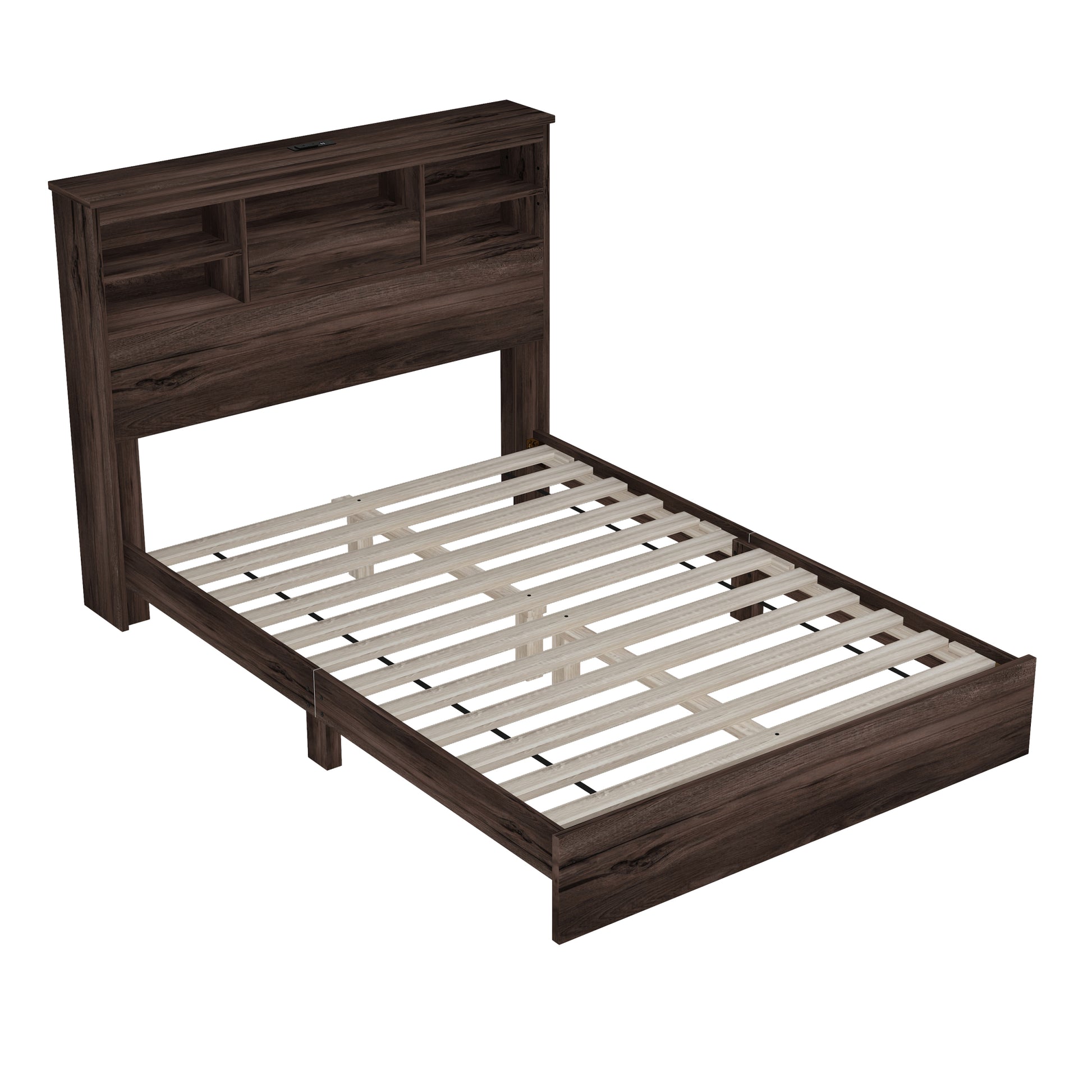 Queen Size Wooden Platform Bed With Storage Headboard,American Country Style Bed With Usb Charging Ports,Dark Walnut Queen Walnut American Traditional Mdf