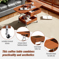 Modern Extended Coffee Table With Wheels, Folding Coffee Table With 1 Drawer And 2 Tier Storage, Metal Frame Coffee Table For Living Room Mahogany Glass,Mdf Metal