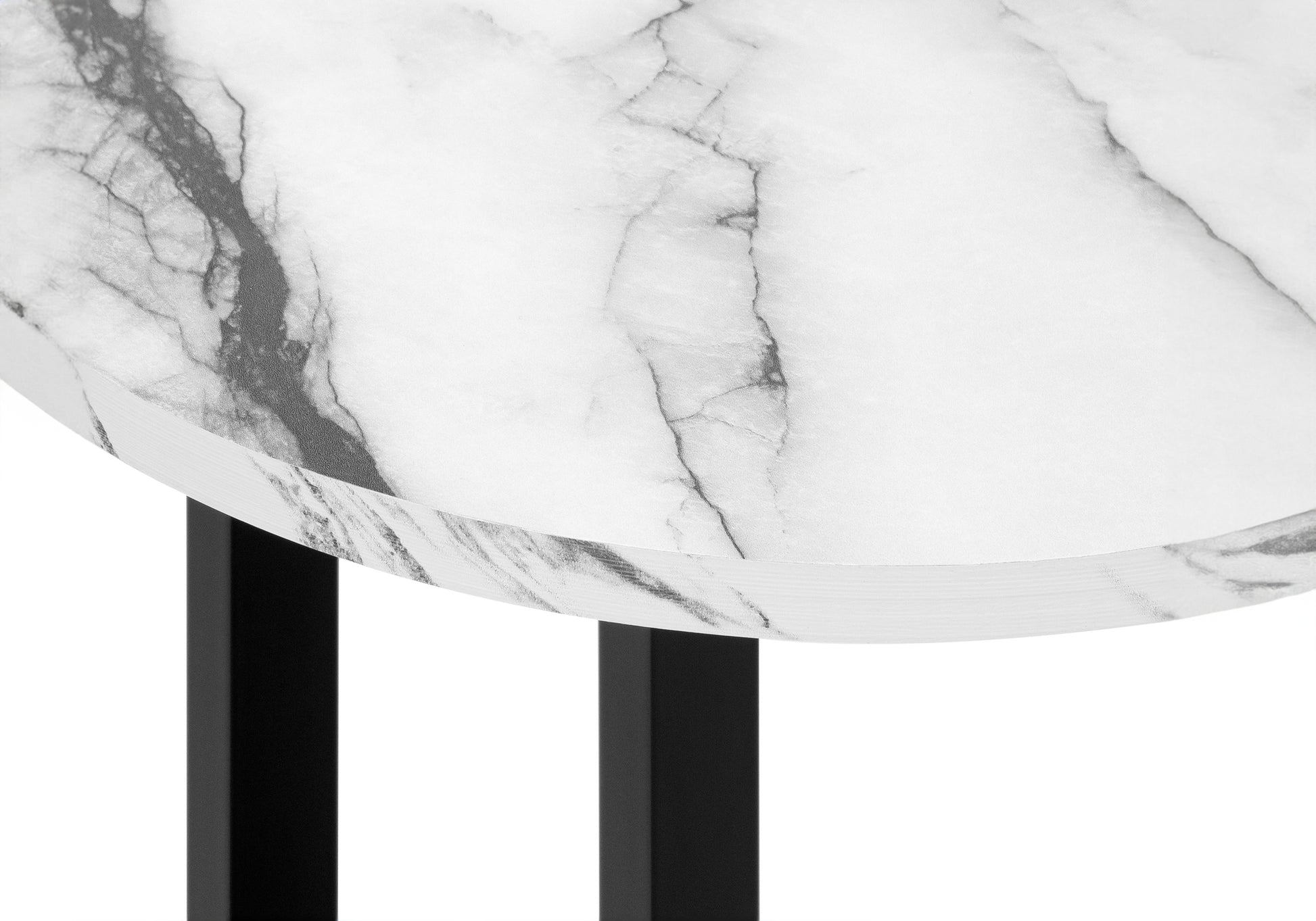 Accent Table, Side, Round, End, Nightstand, Lamp, Living Room, Bedroom, White Marble Look Laminate, Black Metal, Contemporary, Modern White Metal