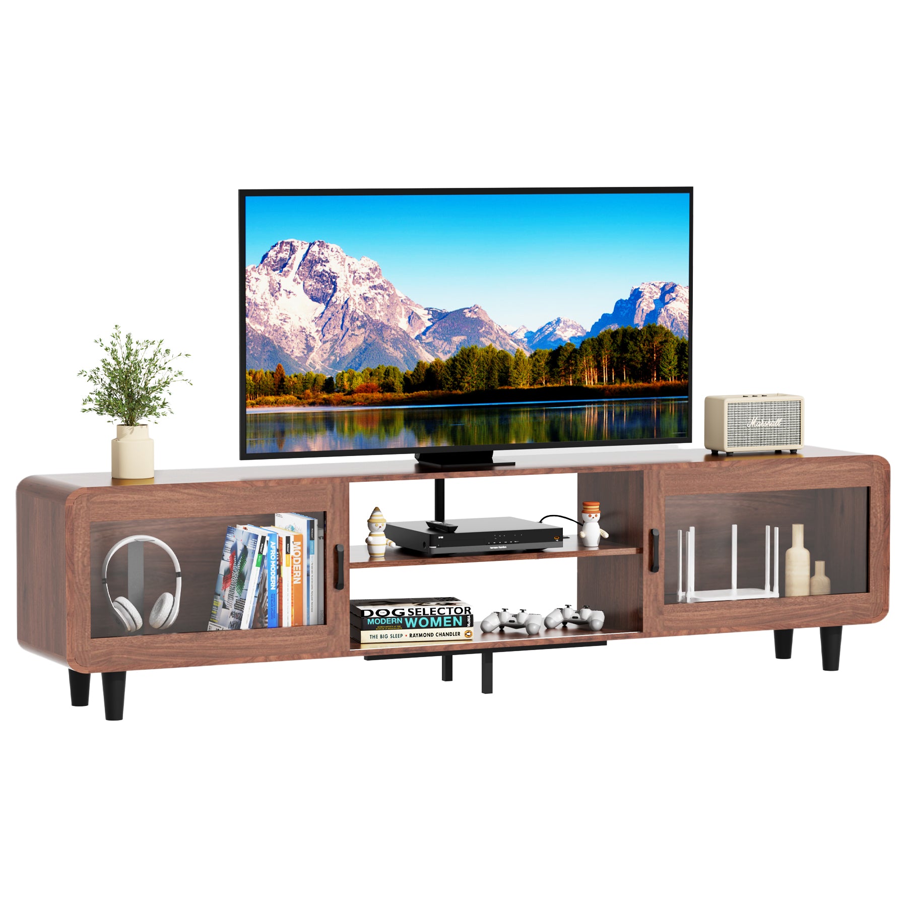 Mid Century Modern Tv Stand For 55 60 65 70 Inch Tv, Wood Entertainment Center With Power Outlets, Media Console With Sliding Doors And Open Shelf For Living Room, Walnut Walnut 60 69 Inches Wood