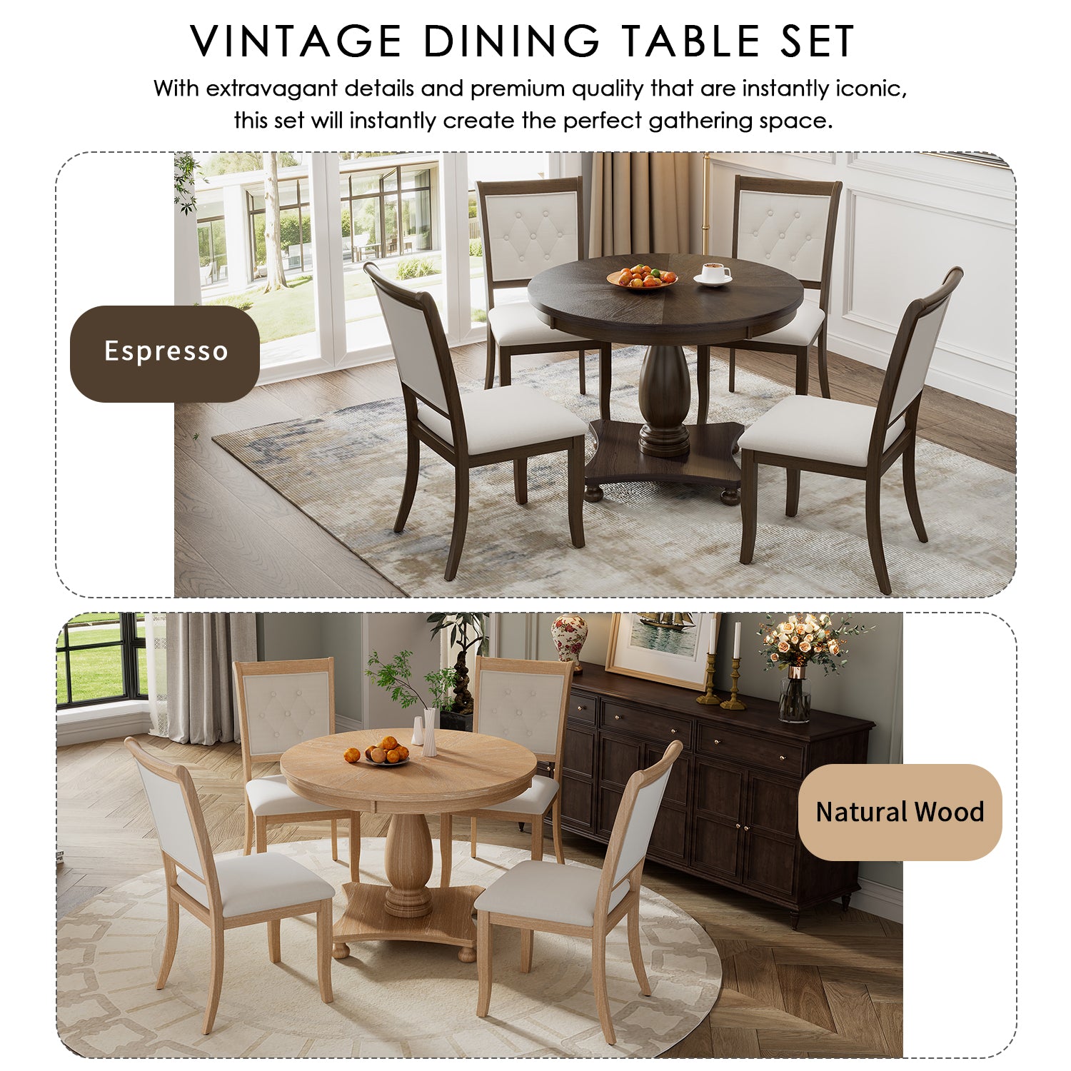 5 Piece Retro Dining Set, Round Table With Pedestal Table Base And 4 Upholstered Chairs For Dining Room And Kitchen Espresso Espresso Solid Wood Mdf