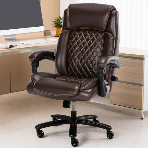 Executive Office Chair 400Lbs Heavy Duty Office Chair, Wide Seat Bonded Leather Office Chair With 30 Degree Back Tilt & Lumbar Support Brown Caster Iron Brown Office Dry Clean Round Handle Office Chairs Solid Back Casters Leather