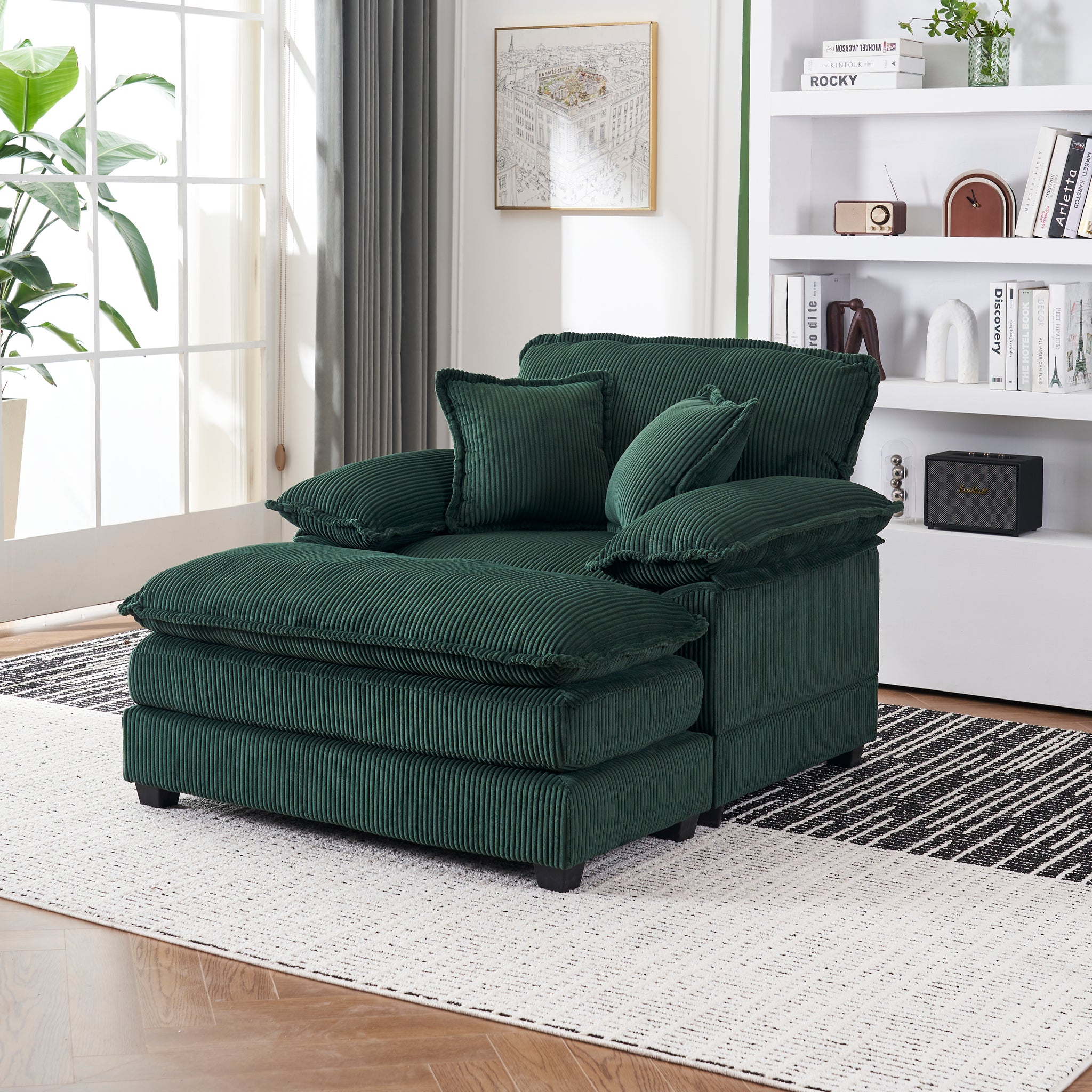 56.3 Inch Corduroy Single Sofa With 2 Toss Pillows And A Ottoman ,Comfy Sofa Deep Seat Couch For Living Room Green Foam 1 Seat