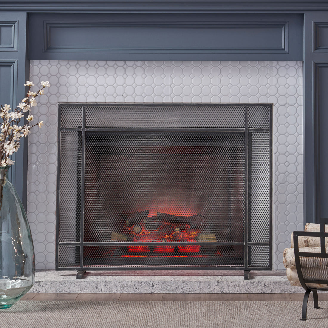 Fire Screen Black Silver Iron