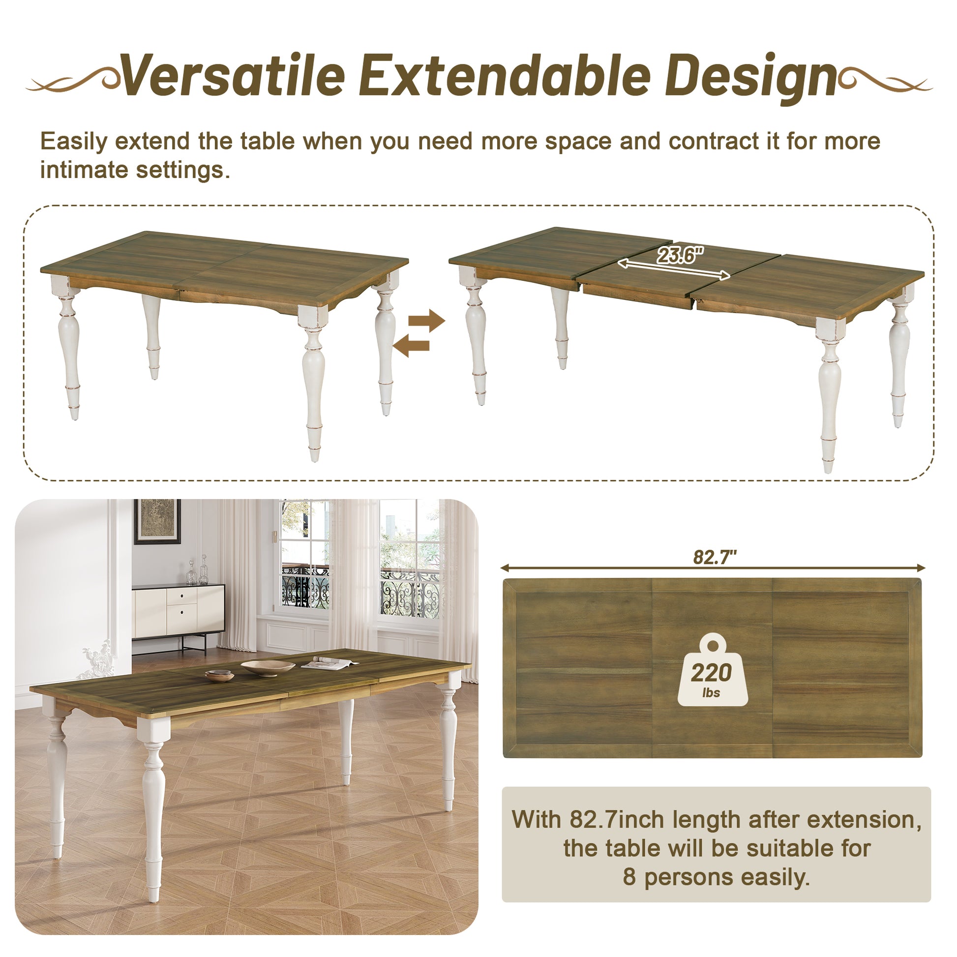 Vintage Traditional 6 Piece 82.7Inch Extendable Dining Table Set With 23.6Inch Removable Leaf, 50.4Inch Upholstered Dining Bench And 4 Chairs For 6, Brown Cream Wood Dining Room Distressed Finish Rubberwood Rectangular Dining Table With Bench Wood Wood