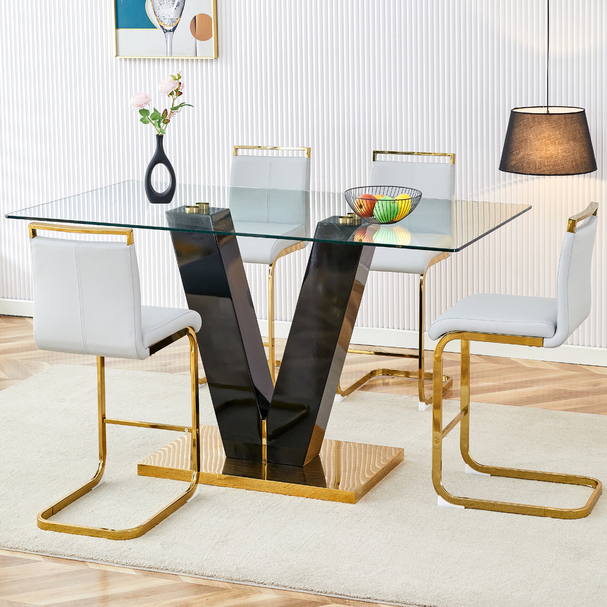 Table And Chair Set,Clear Tempered Glass And Black Legs Of The Table, Pu And Gold Legs Of The Chair Black Grey Seats 4 Tempered Glass