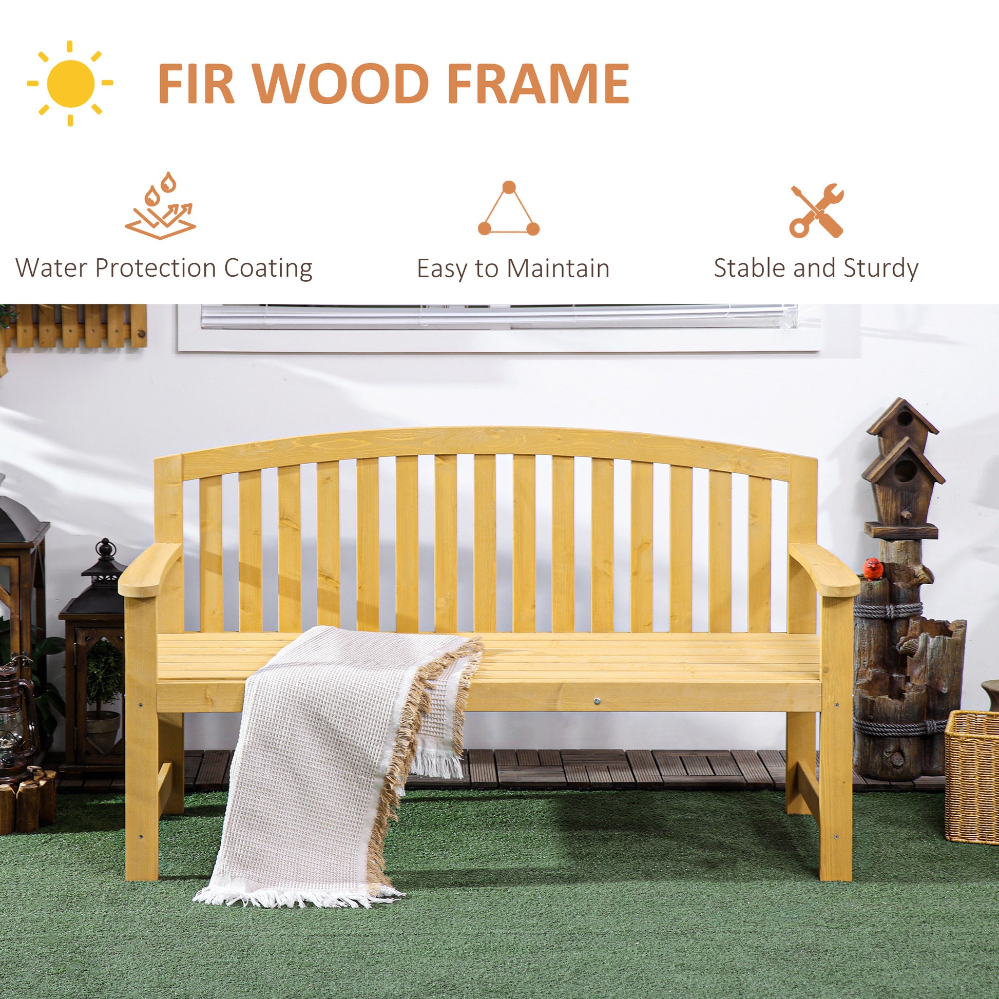 Outsunny 56" Outdoor Wood Bench, 2 Seater Garden Bench With Backrest And Armrest, Patio Bench For Patio, Porch, Poolside, Balcony, Natural Natural Wood