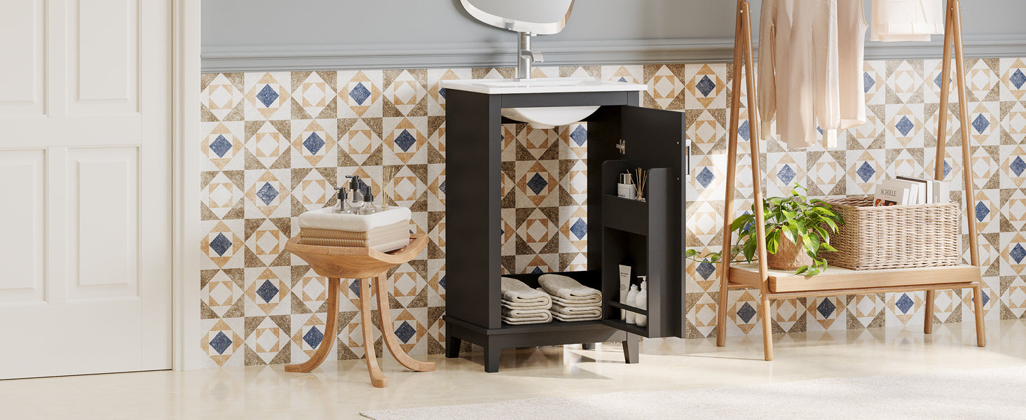 Viedo 20 Inch Modern Small Bathroom Vanity Cabinet With Ceramic Basin 20*15.5*33.3 Inches,Ample Storage,1 Soft Close Door Black Bathroom Solid Wood Mdf
