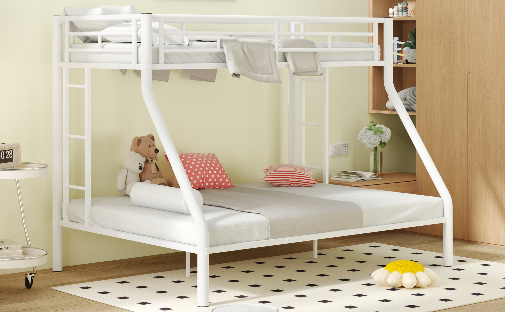 Twin Xl Over Queen Metal Bunk Bed With Ladder And Guardrails, White Expected Arrival Time: 9.7 Box Spring Not Required Twin Xl White Metal Metal